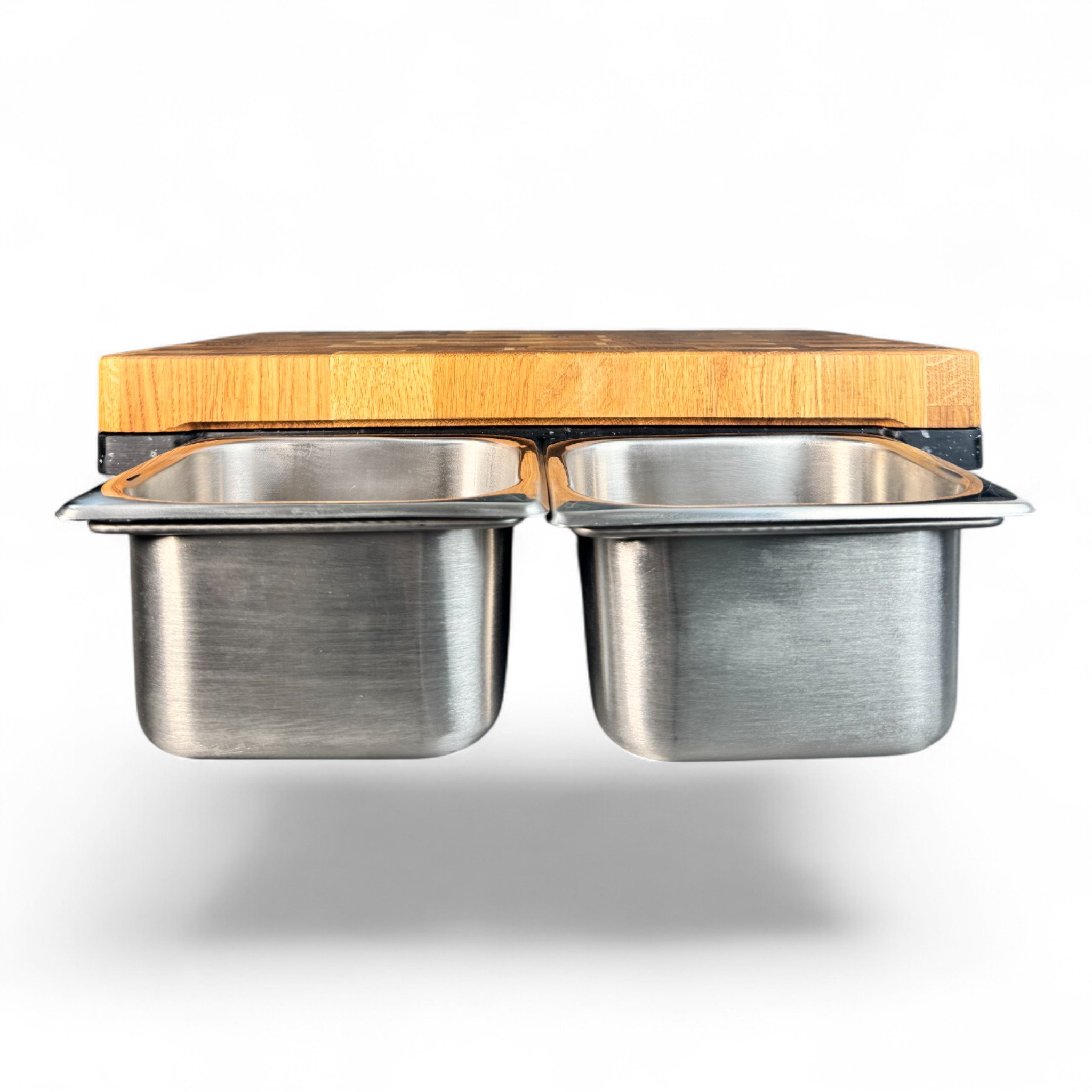 Sustainable end-grain chopping board with removable stainless steel containers