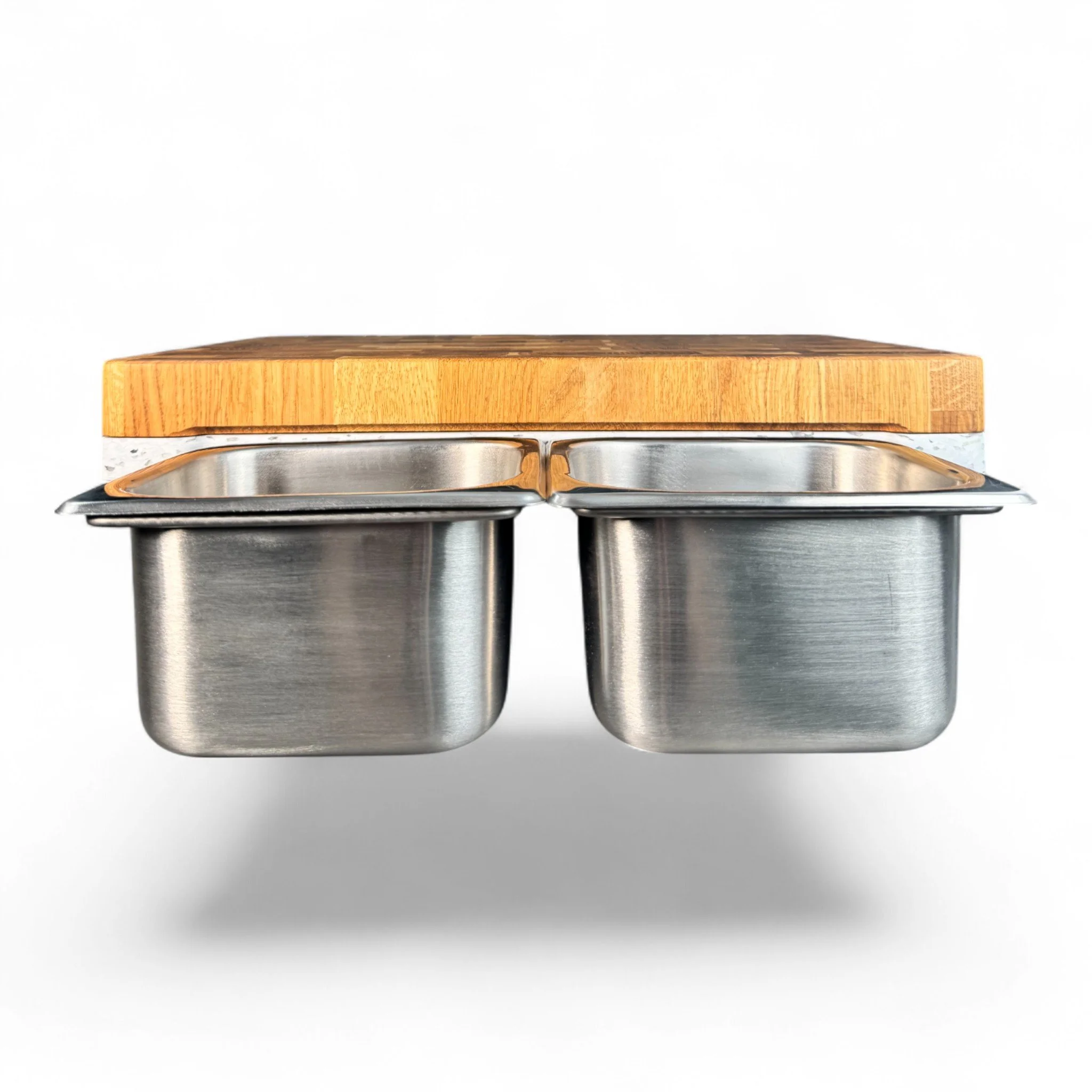 Sustainable end-grain chopping board with removable stainless steel containers