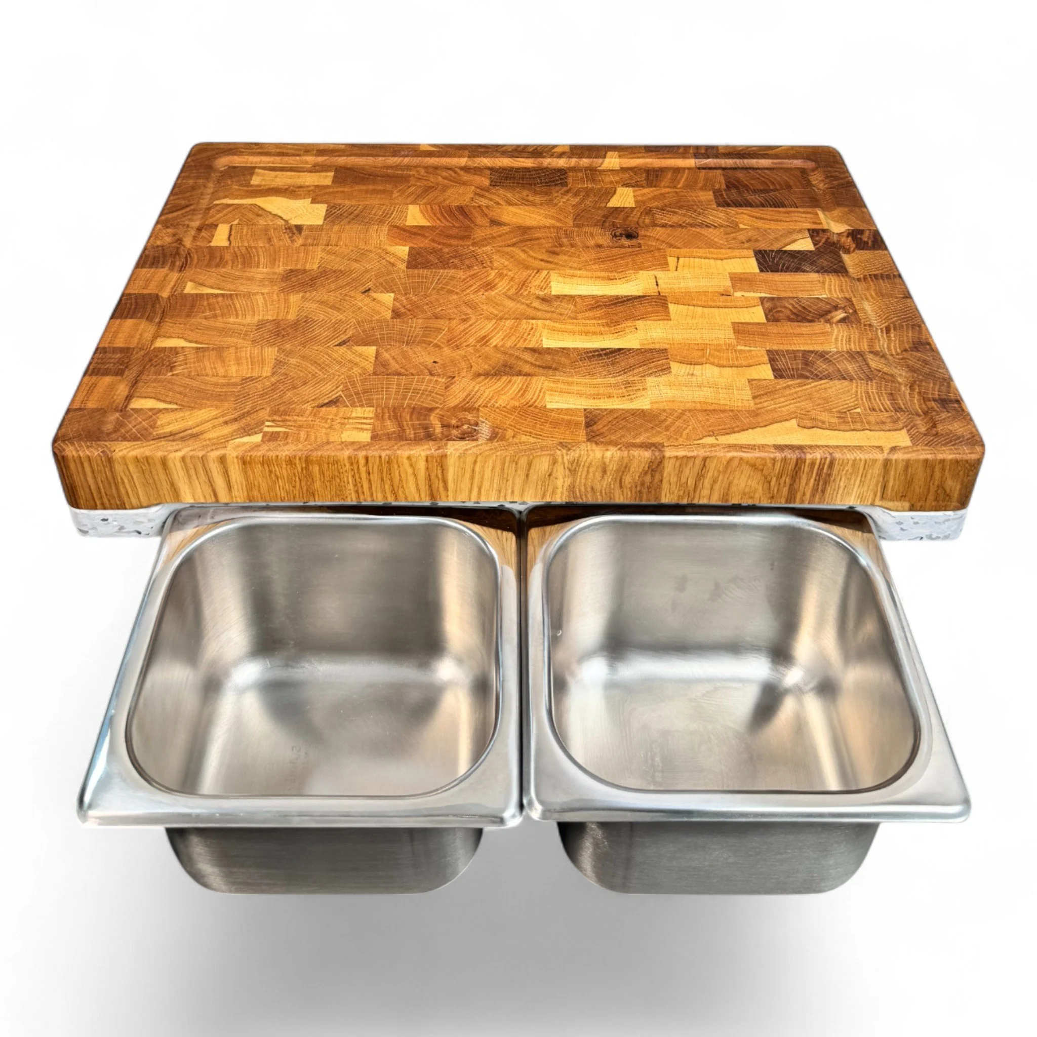 Sustainable end-grain chopping board with removable stainless steel containers