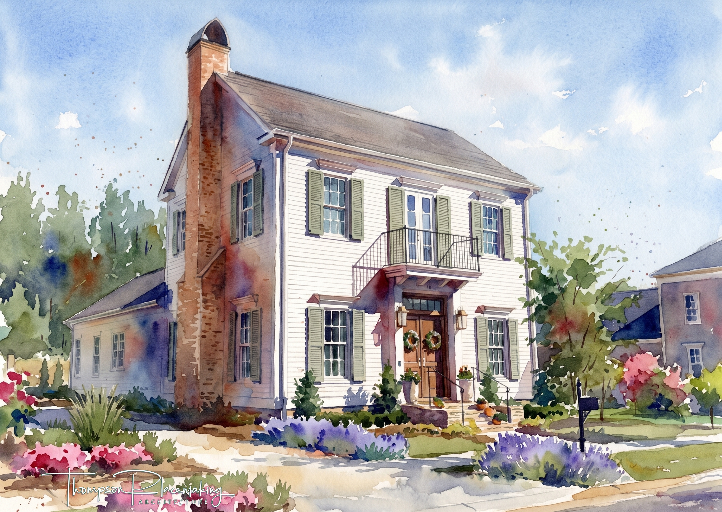 Watercolor painting of a two-story house with white siding, green shutters, and a brick chimney, surrounded by a garden of colorful flowers and trees under a blue sky.