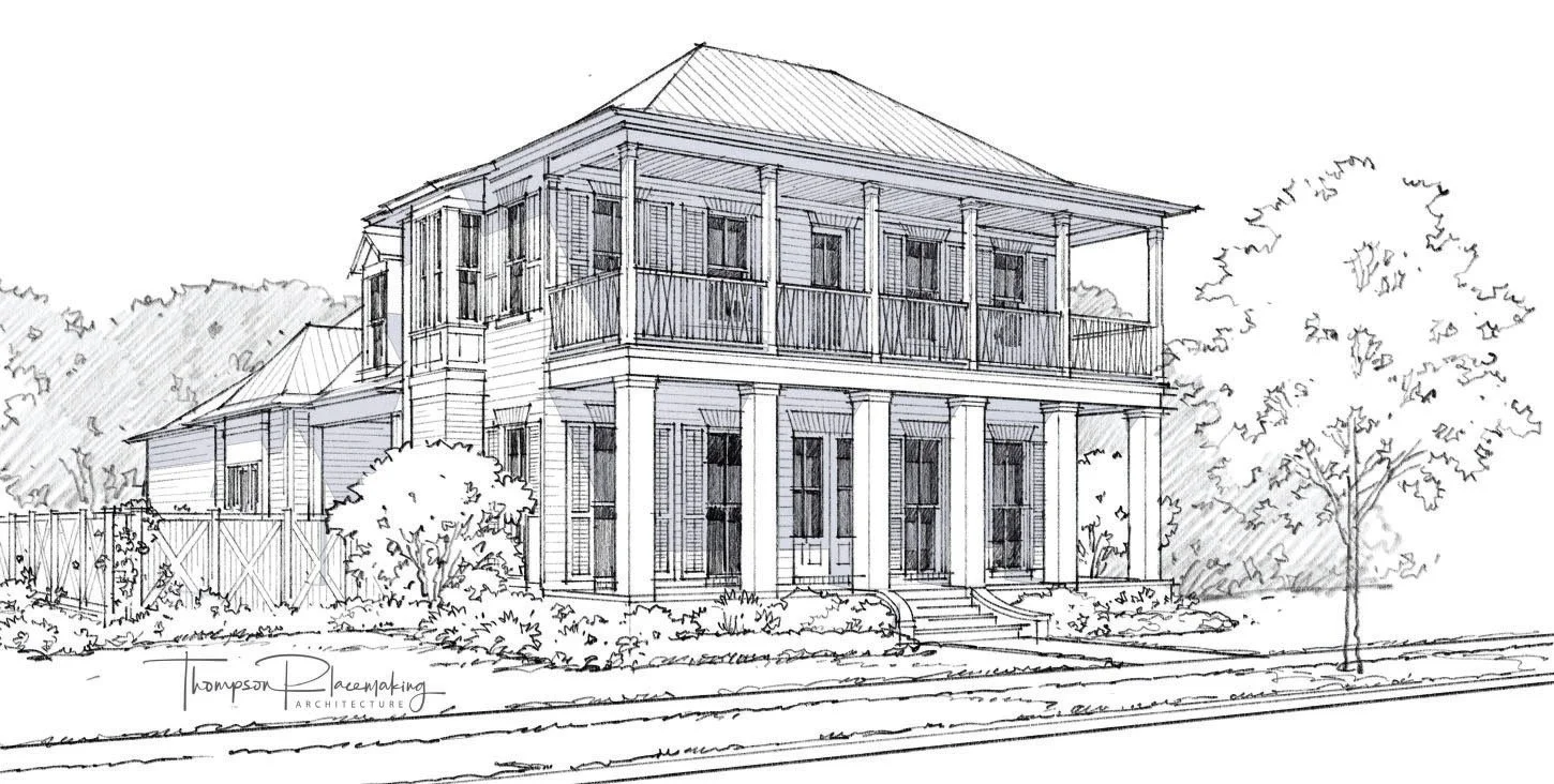 Line drawing of a two-story house with a covered porch on both levels, surrounded by trees and bushes, with a sidewalk and street in front.