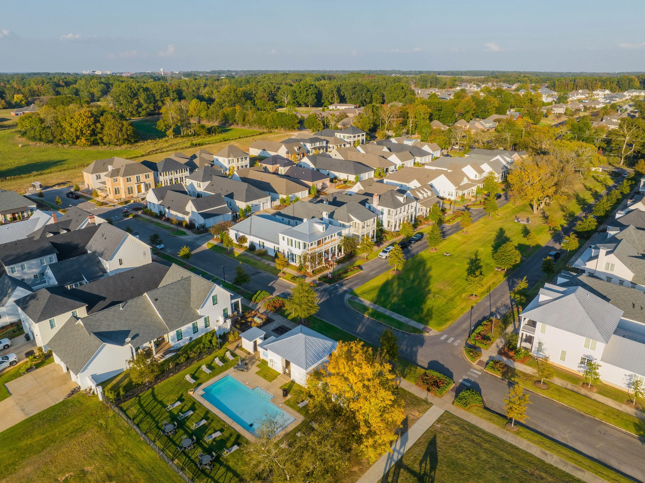 Aerial view of a suburban neighborhood with houses, trees, and a swimming pool.