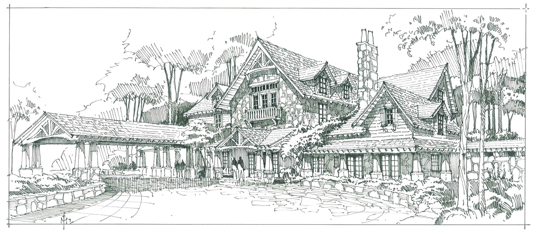 A detailed black-and-white line drawing of a large, rustic lodge surrounded by trees and landscaping, featuring multiple gabled roofs, chimneys, and porches.