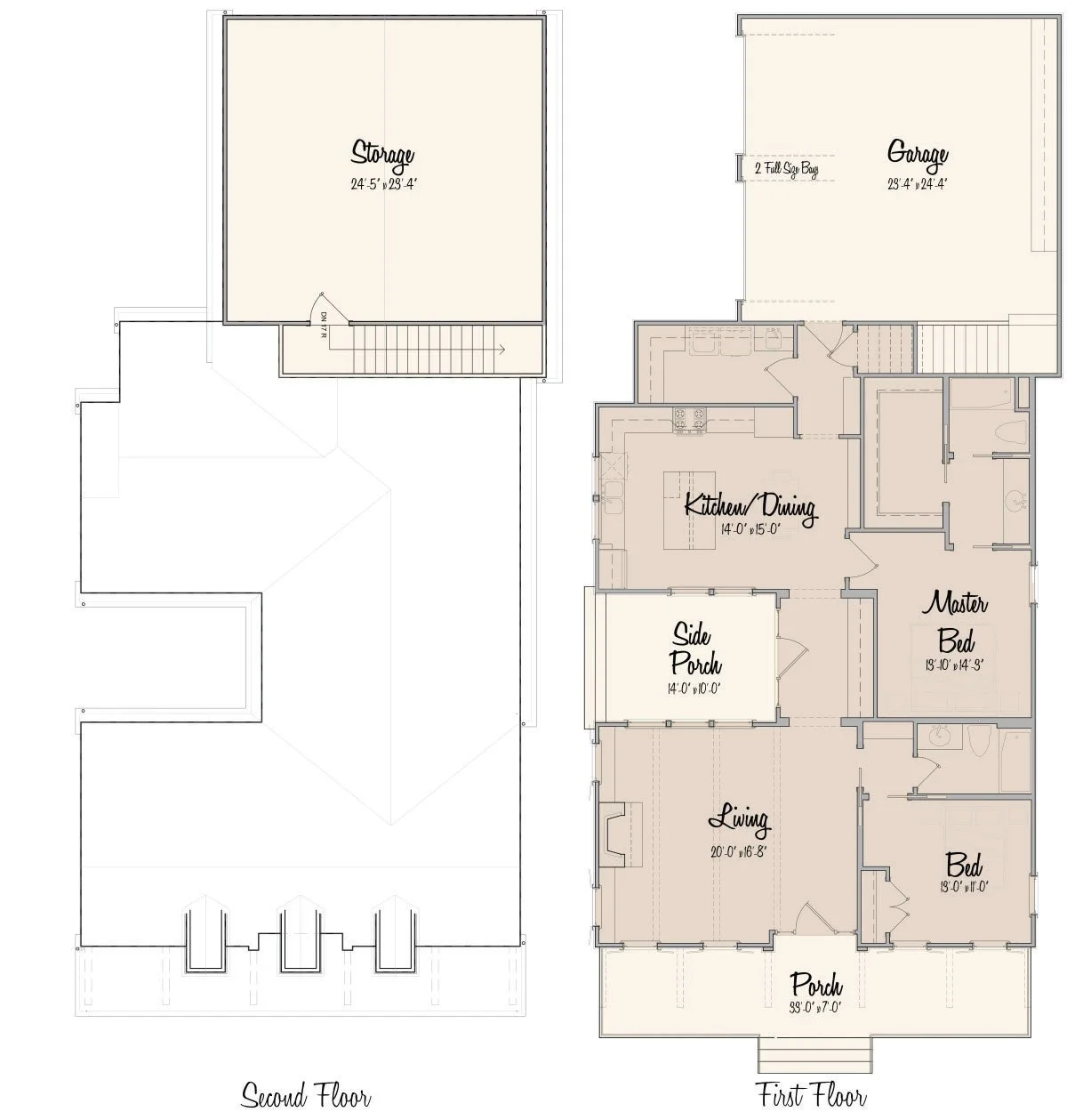 Blueprint of a two-story house showing the first and second floors. The first floor includes a porch, living room, two bedrooms, a master bedroom, kitchen/dining area, side porch, and bathroom. The second floor features a large storage room and an upstairs staircase.