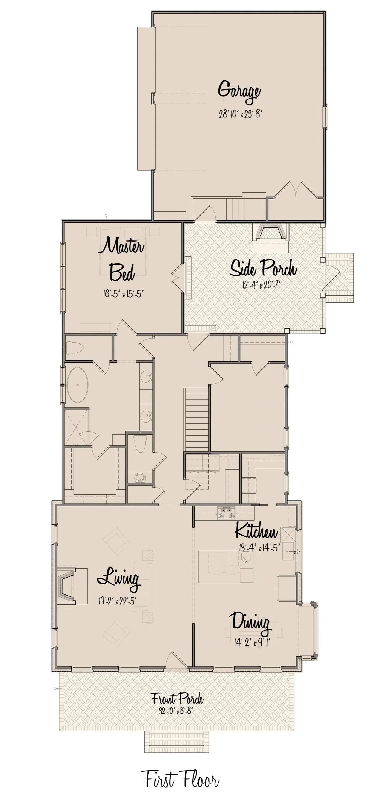 Floor plan of a house labeled 'First Floor', with rooms including Living, Dining, Kitchen, Master Bedroom, a Garage, Side Porch, and Front Porch, with dimensions indicated.