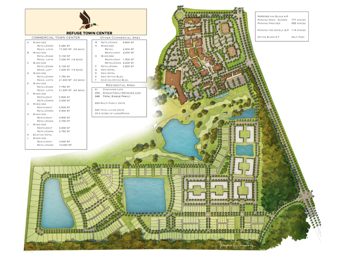 A detailed master plan for Refuge Town Center, showing residential, retail, hotel, office, and commercial areas, with lakes, ponds, parks, roadways, and parking lots marked and labeled.