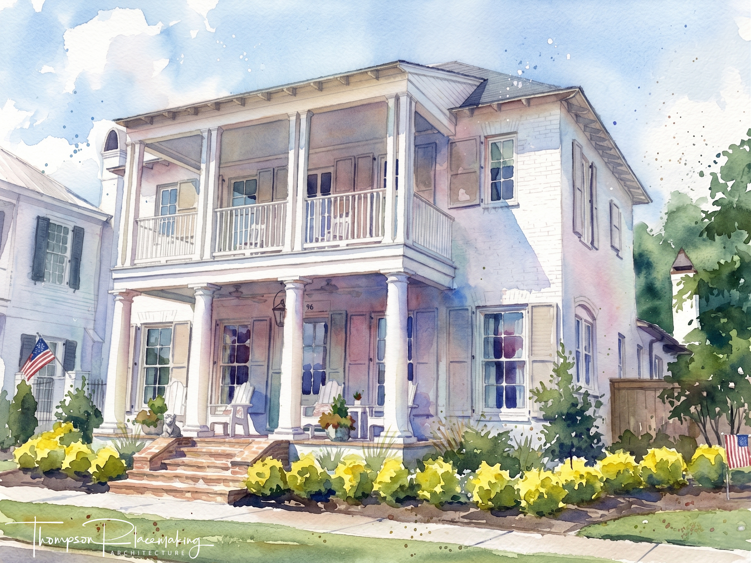 Watercolor painting of a multi-story house with a wrap-around porch, white columns, and a balcony on the upper level, surrounded by greenery and American flags.