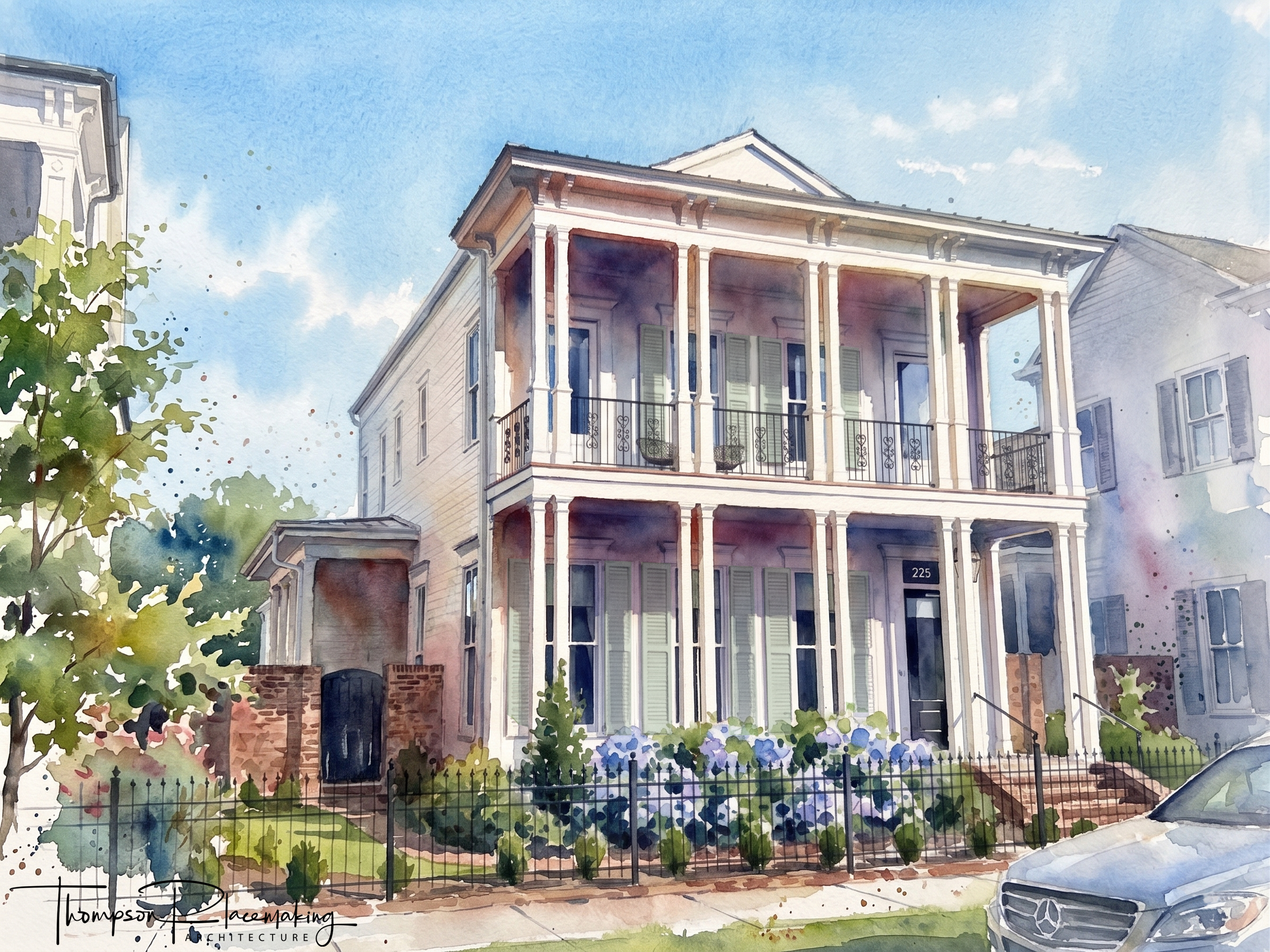 Watercolor painting of a multi-story house with a large porch, balcony, and decorative columns, surrounded by a small front yard with a fence, trees, and plants, with cars parked on the street in front and a partly cloudy sky above.