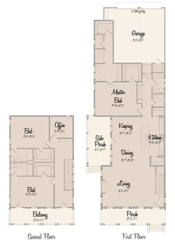 Floor plan of a two-story house showing the first and second floors with labeled rooms including bedrooms, bathroom, office, garage, kitchen, dining, living room, porch, and balcony.