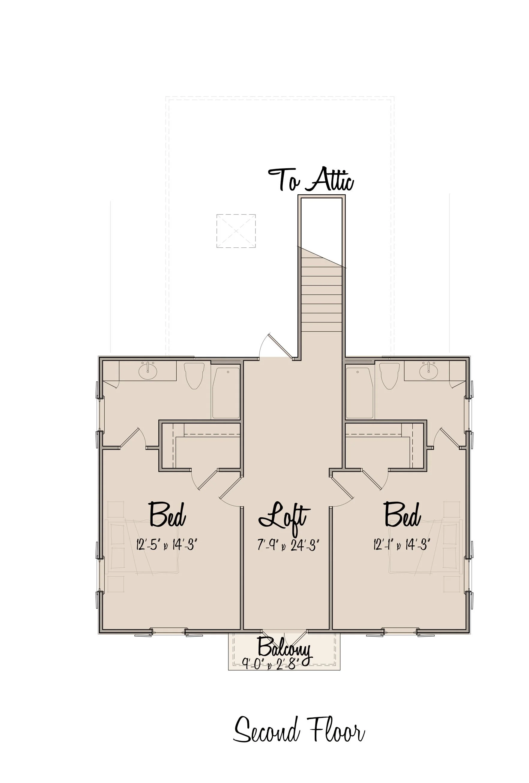 Second floor blueprint showing two bedrooms with dimensions, a loft with dimensions, and a balcony with dimensions, plus the stairwell and hallway.