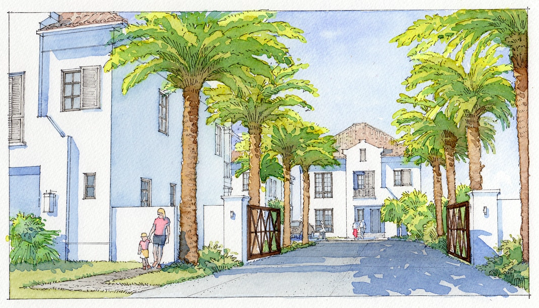 A watercolor illustration of a sunny residential neighborhood with palm trees, white buildings, and an open gate. A woman and a young girl walk on the sidewalk, and other people are visible in the distance.