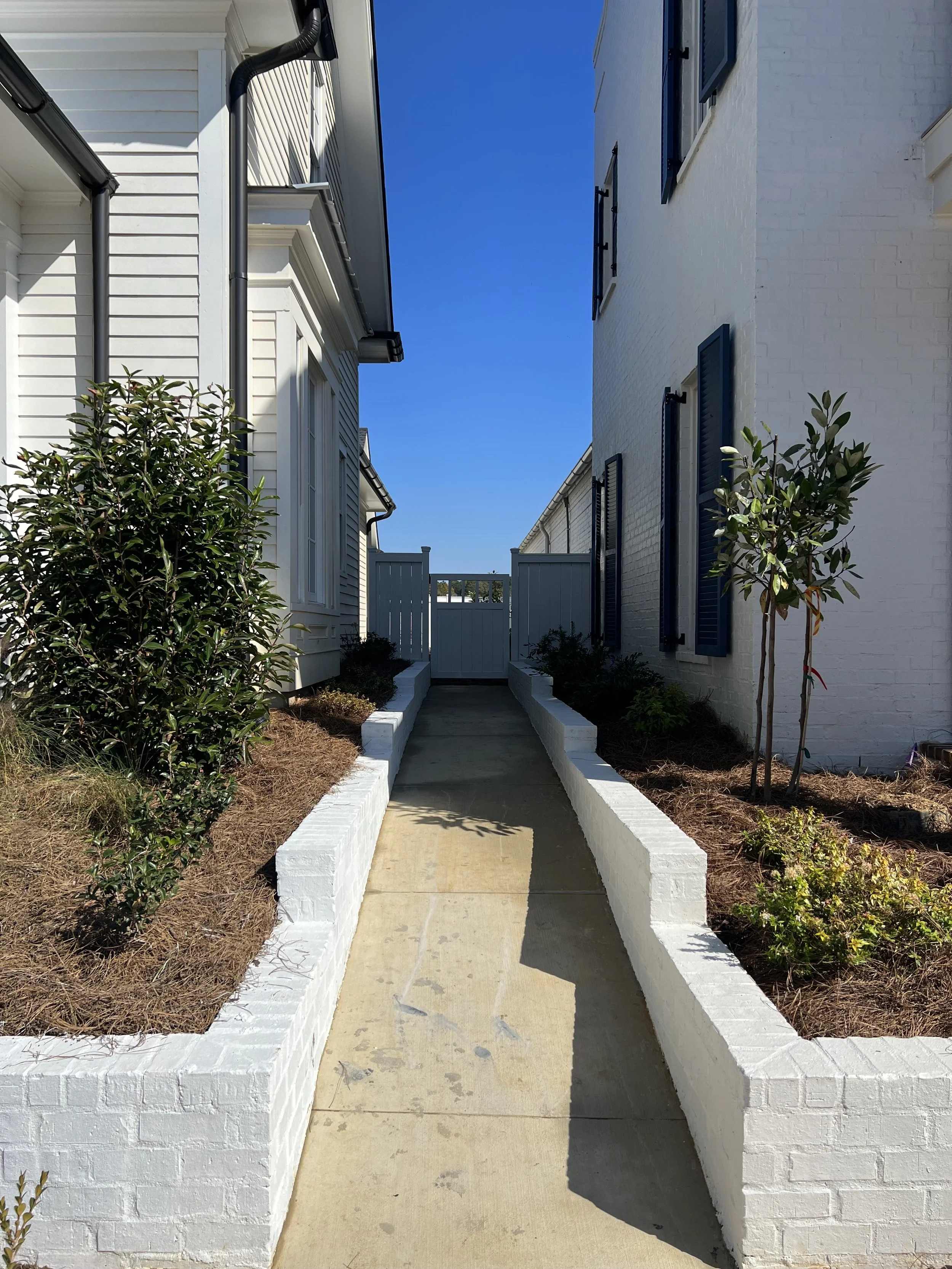 A narrow concrete sidewalk between two white houses, with flower beds and small trees on either side, leading to a white gate under a blue sky.