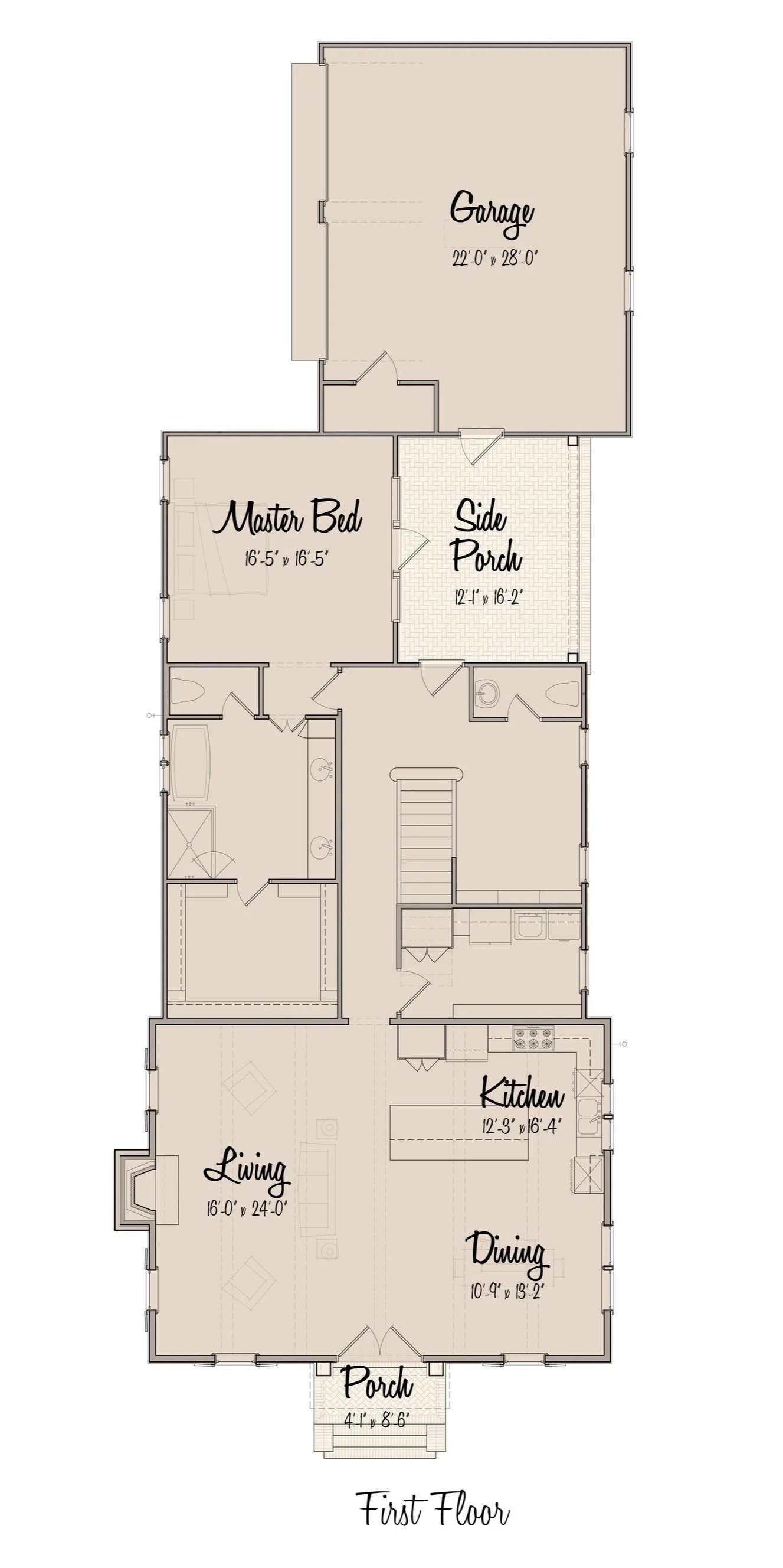 Floor plan of a house's first floor including a porch, living room, dining area, kitchen, master bedroom with bathroom, and a garage with a side porch.
