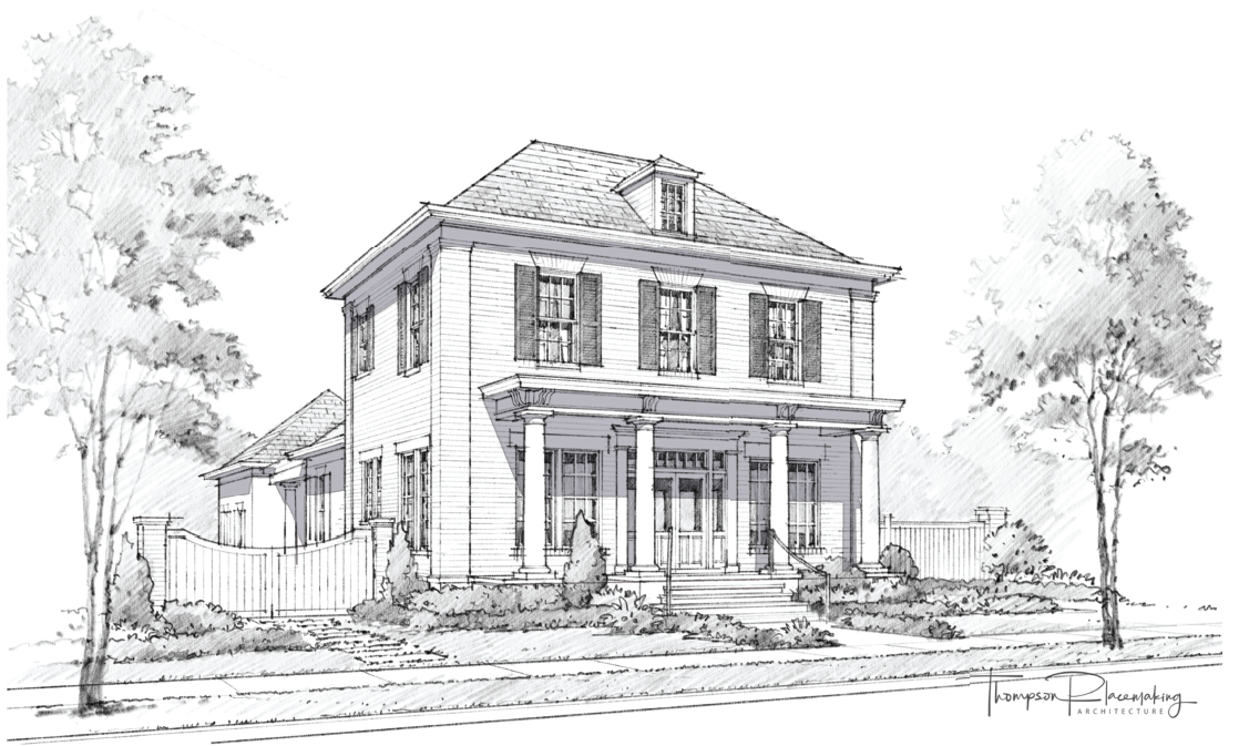 Sketch of a two-story house with a large front porch, four columns, and multiple windows, surrounded by trees.