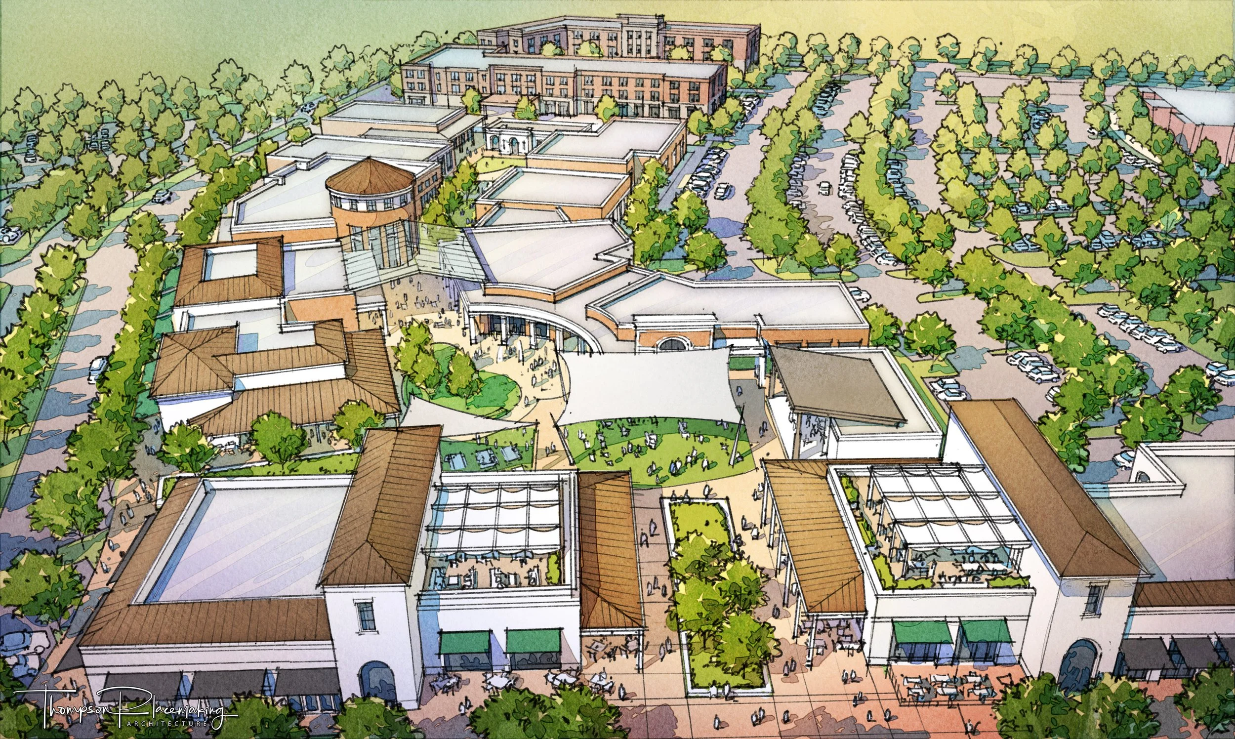 Illustration of a large outdoor shopping center with multiple buildings, green spaces, parking lots, and walking paths, viewed from above.