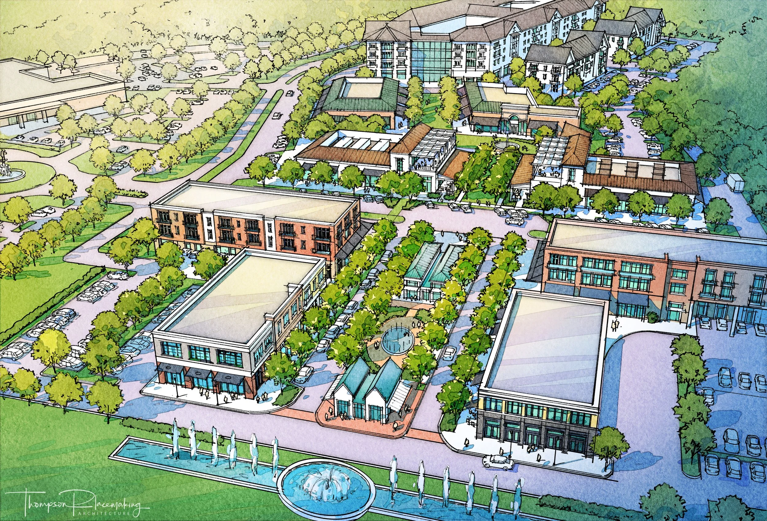 An aerial illustration of a mixed-use development featuring retail, residential buildings, a central park with trees, a fountain, walkways, and parking areas.
