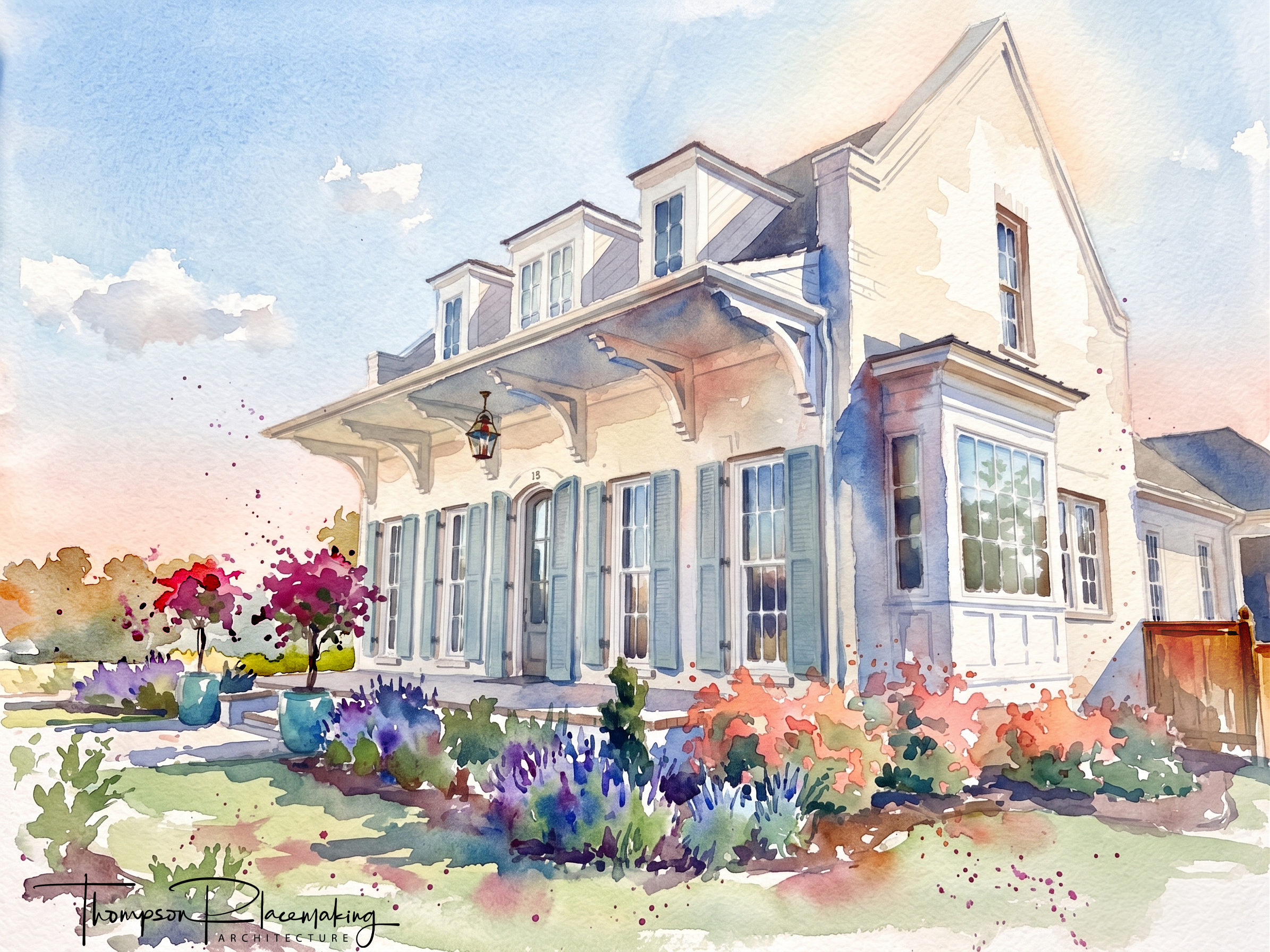 Watercolor painting of a large, multi-story house with light-colored siding, blue shutters, and gabled roof. The house is surrounded by colorful flowers and bushes, and a clear blue sky with a few clouds is visible in the background.