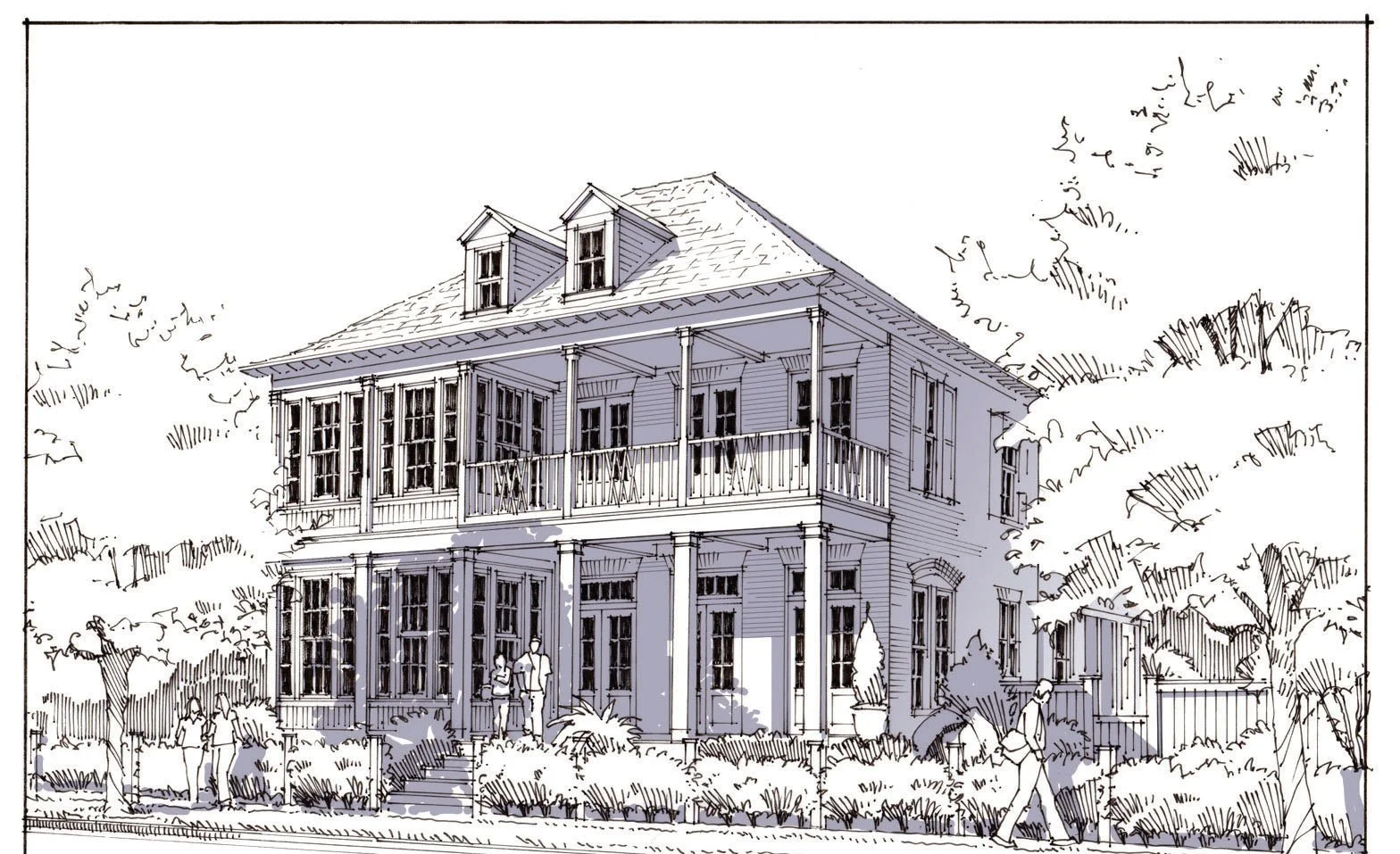 Sketch of a two-story house with a wraparound porch, surrounded by trees and bushes, with people walking and standing in the yard.