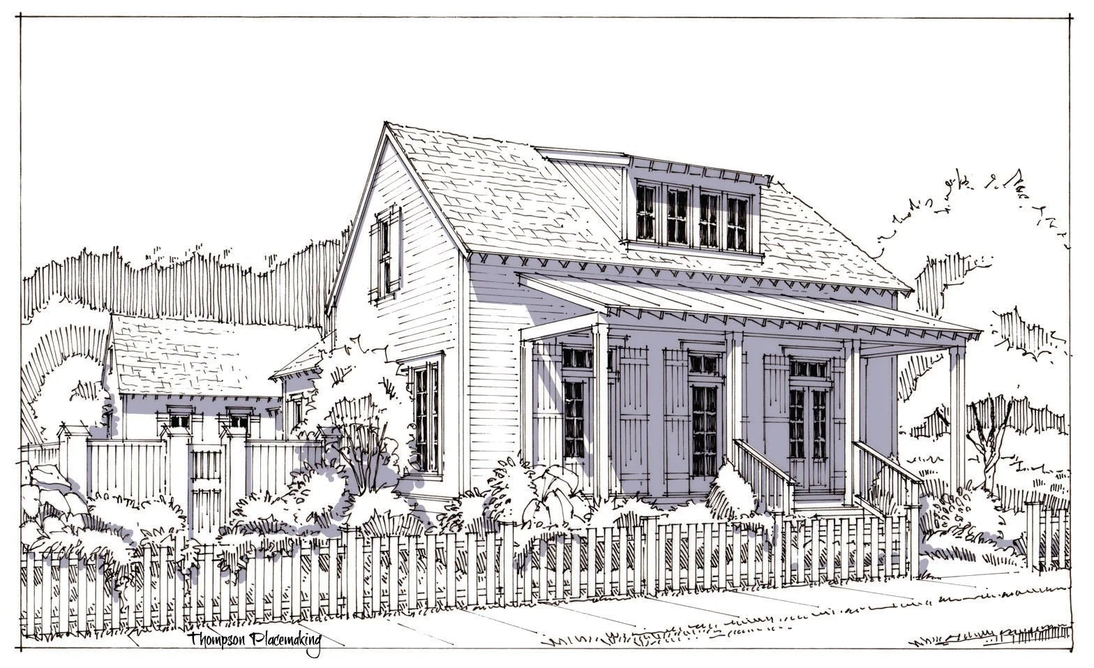 Architectural sketch of a two-story house with a porch, surrounded by a picket fence and landscaping.