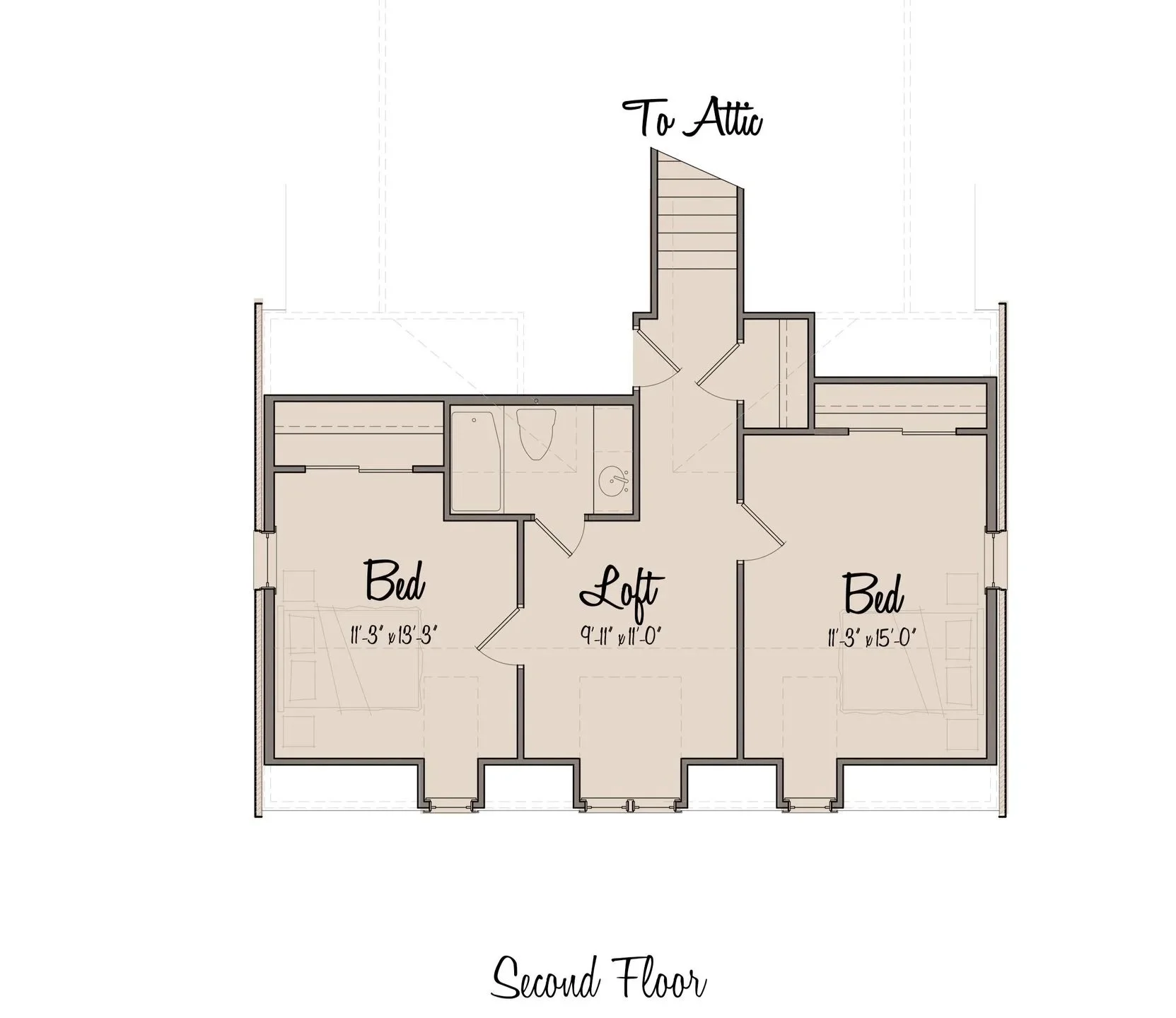 Floor plan of the second floor showing two bedrooms, a loft, a bathroom, and an attic staircase.