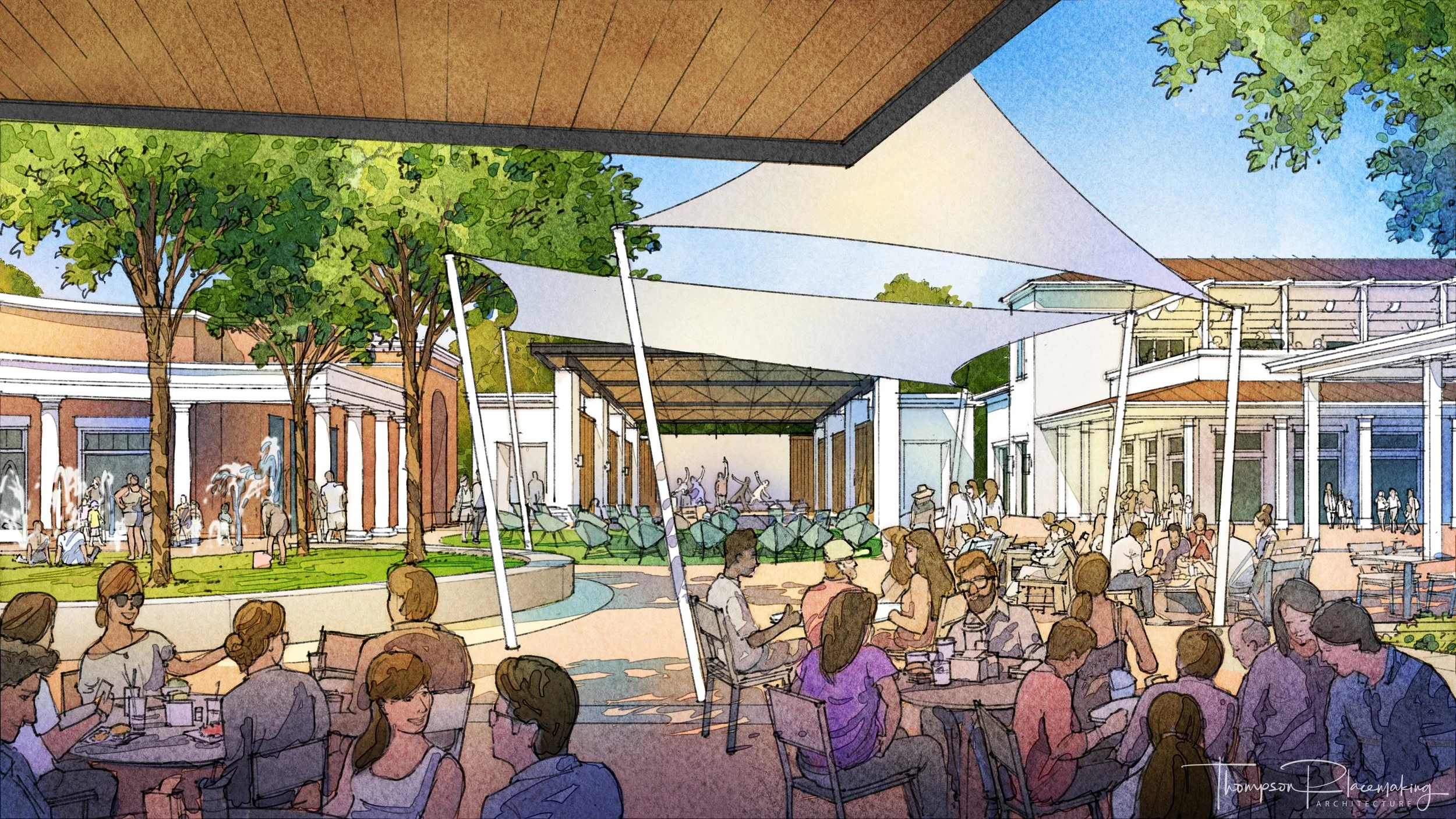 A busy outdoor patio area of a restaurant or cafe with tables filled with people enjoying their meals and conversations. The scene includes large trees providing shade, modern architectural structures, and a stage with music performers. Shade sails are overhead, and there's a mix of people sitting, chatting, and walking in the background.