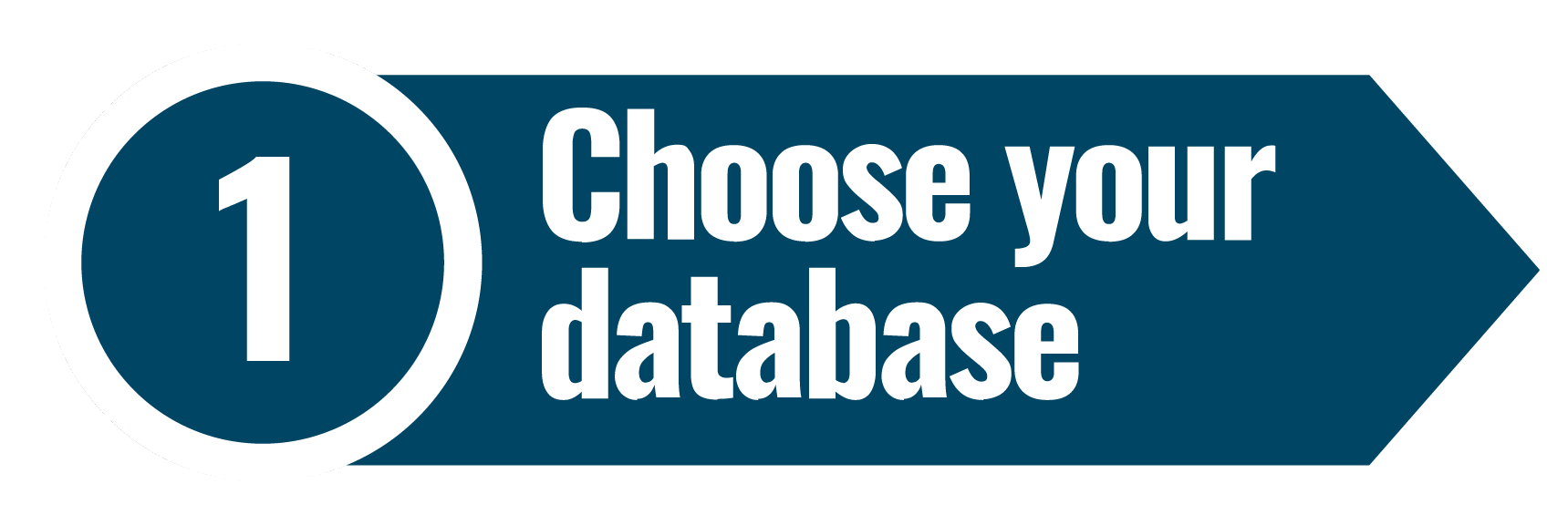 Step one in a process; dark blue arrow with white circle containing the number one; text says 'Choose your database.'