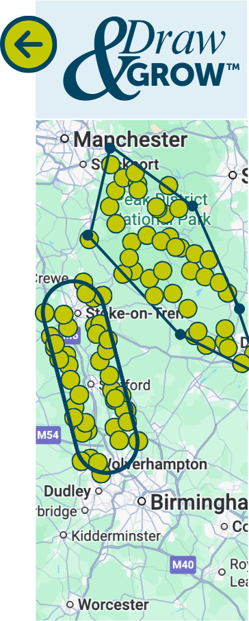 Map of Manchester and Birmingham area with several marked zones for a draw and grow activity, showing clustered yellow dots within outlined areas.