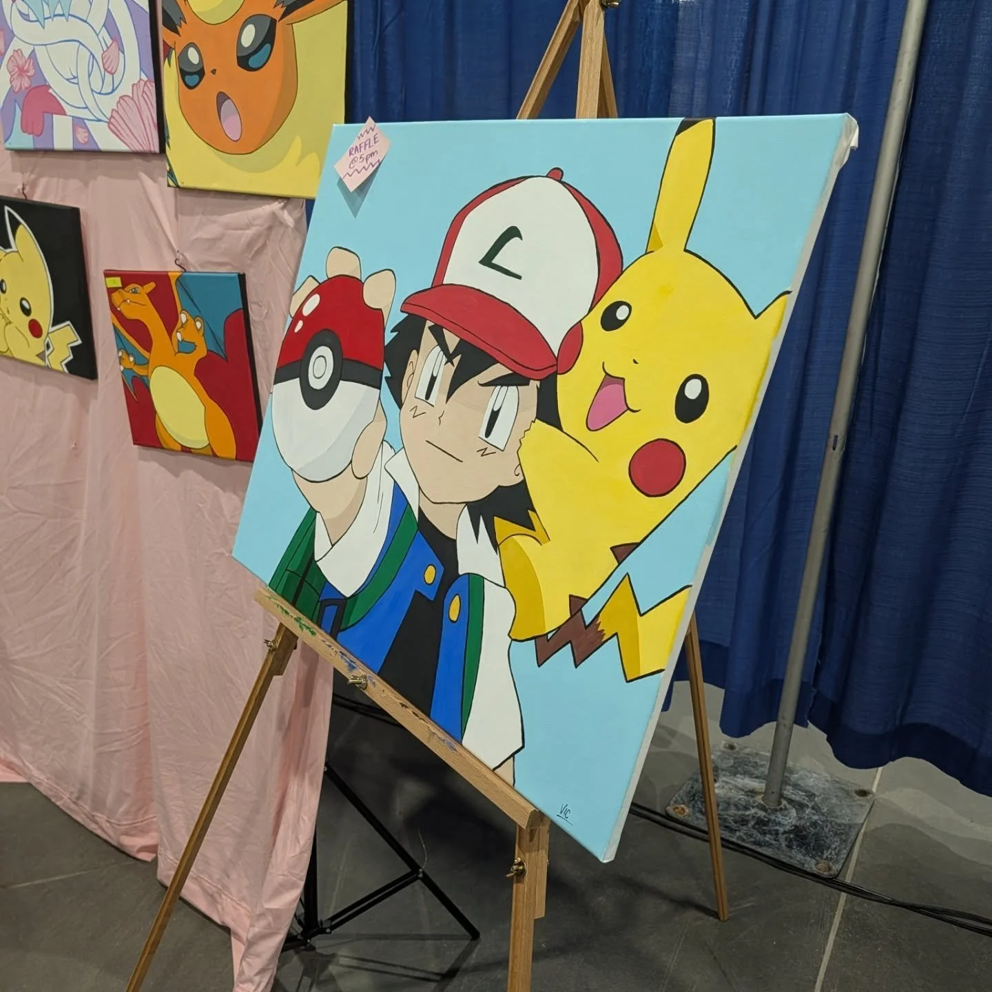 Last Day at Tulsa Trading Card Con and we've been sitting next to @vandepaints watching them finish up these beautiful pokemon arts to raffle off later! 

Check them out! See they're beautiful art! 

#pok&eacute;monart #watercolorart #acrylicpainting