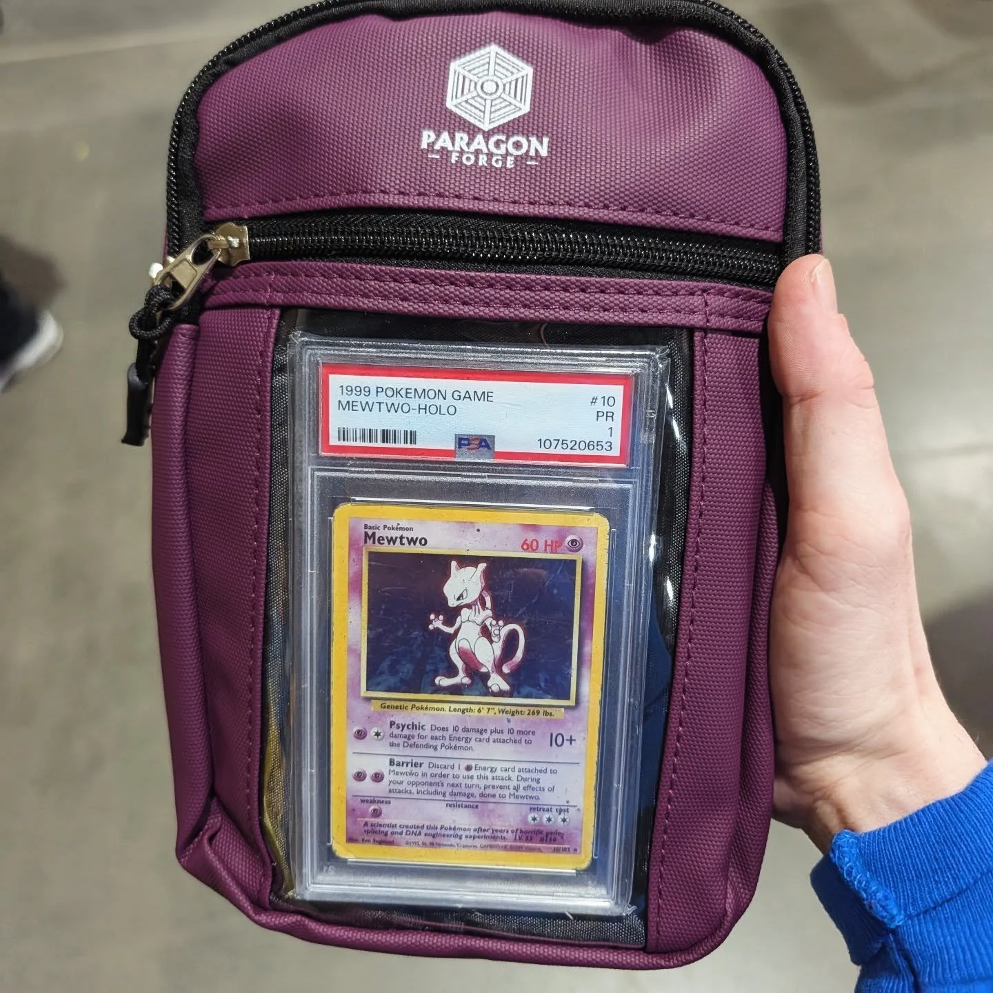 Picked up this fantastic bag to keep my PSA 1 Mewtwo safe and sound from @paragonforgellc at the Tulsa Trading Card Con!