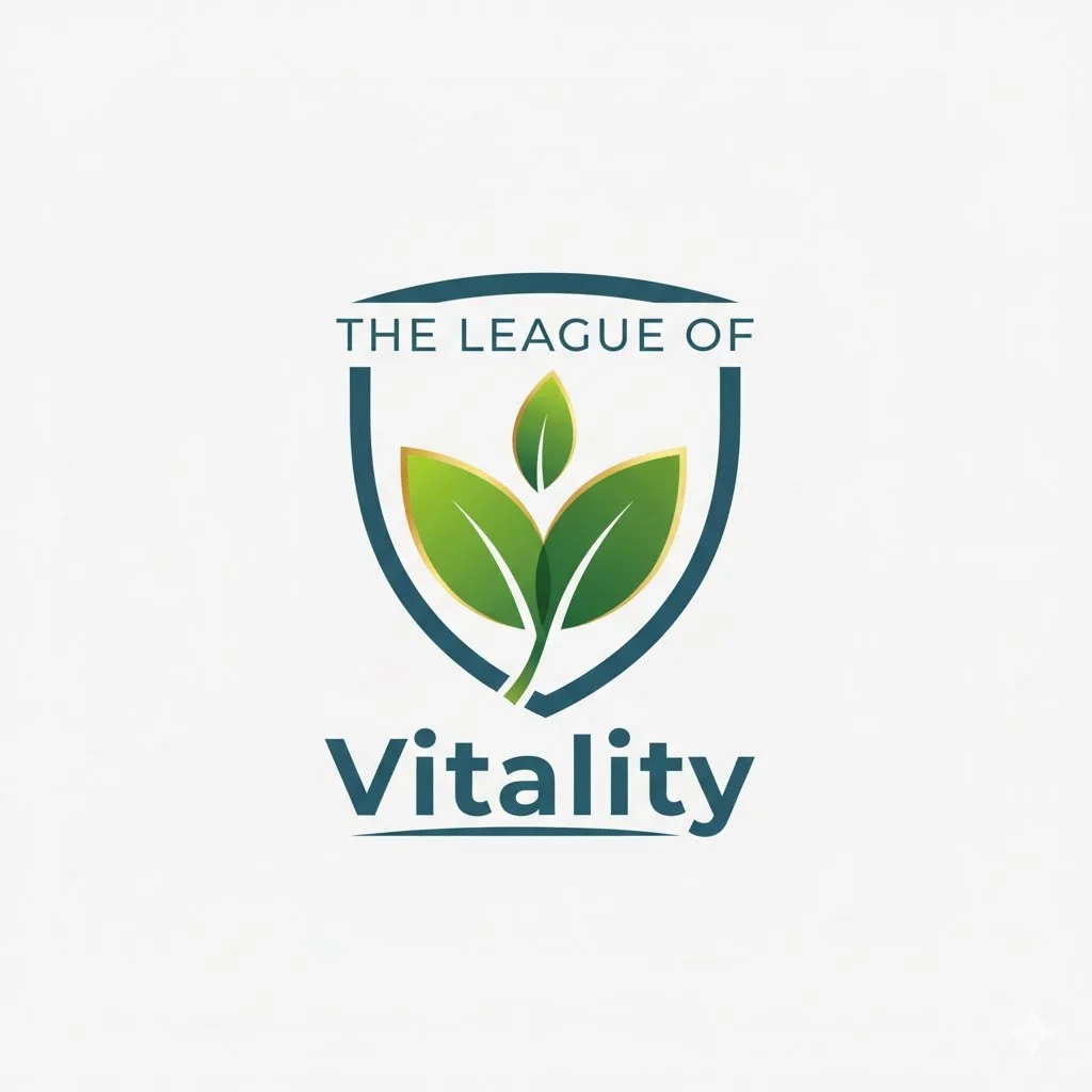 The logo for The League of Vitality features a shield with a stylized green plant with three leaves inside. The text "THE LEAGUE OF" appears above the plant and "Vitality" is below, with a slight underline.