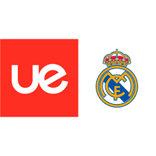 Logo with the letters 'UE' in white on a red background next to the crest of Real Madrid football club.