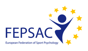 Logo of FEPSAC (European Federation of Sport Psychology) featuring a stylized human figure with arms raised, surrounded by yellow stars, and the organization's name.