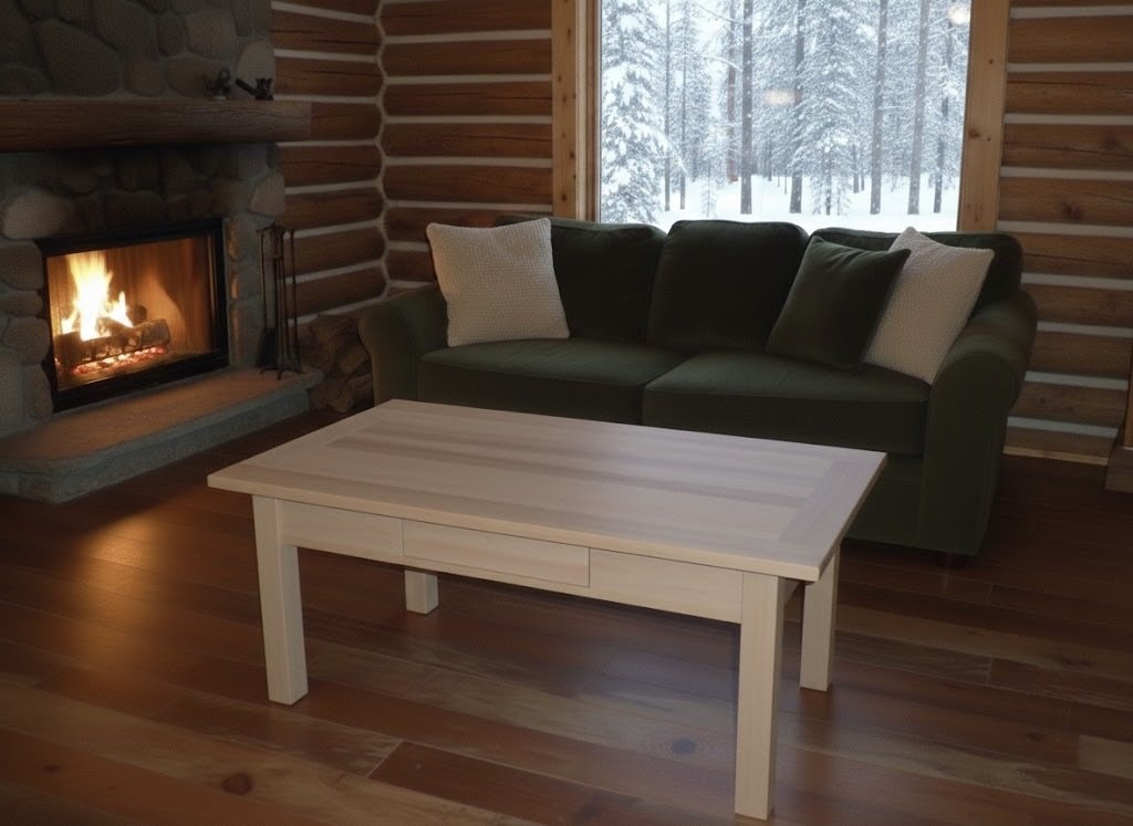 Living room with a stone fireplace, a green sofa with pillows, a white coffee table, and large windows showing snowy trees outside.