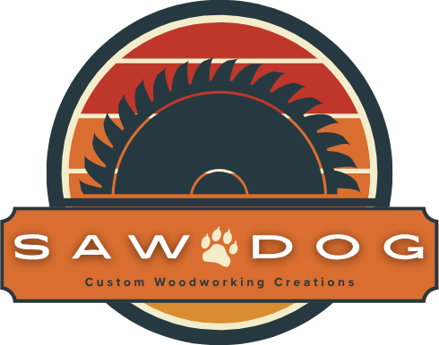 Logo for Sawdog Custom Woodworking Creations featuring a circular saw blade and paw print.