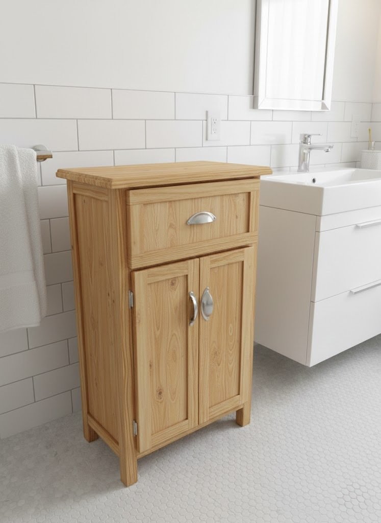 A wooden cabinet with a drawer and two doors is placed next to a white bathroom sink and mirror, with white tiles on the wall and a towel hanging on a rack.