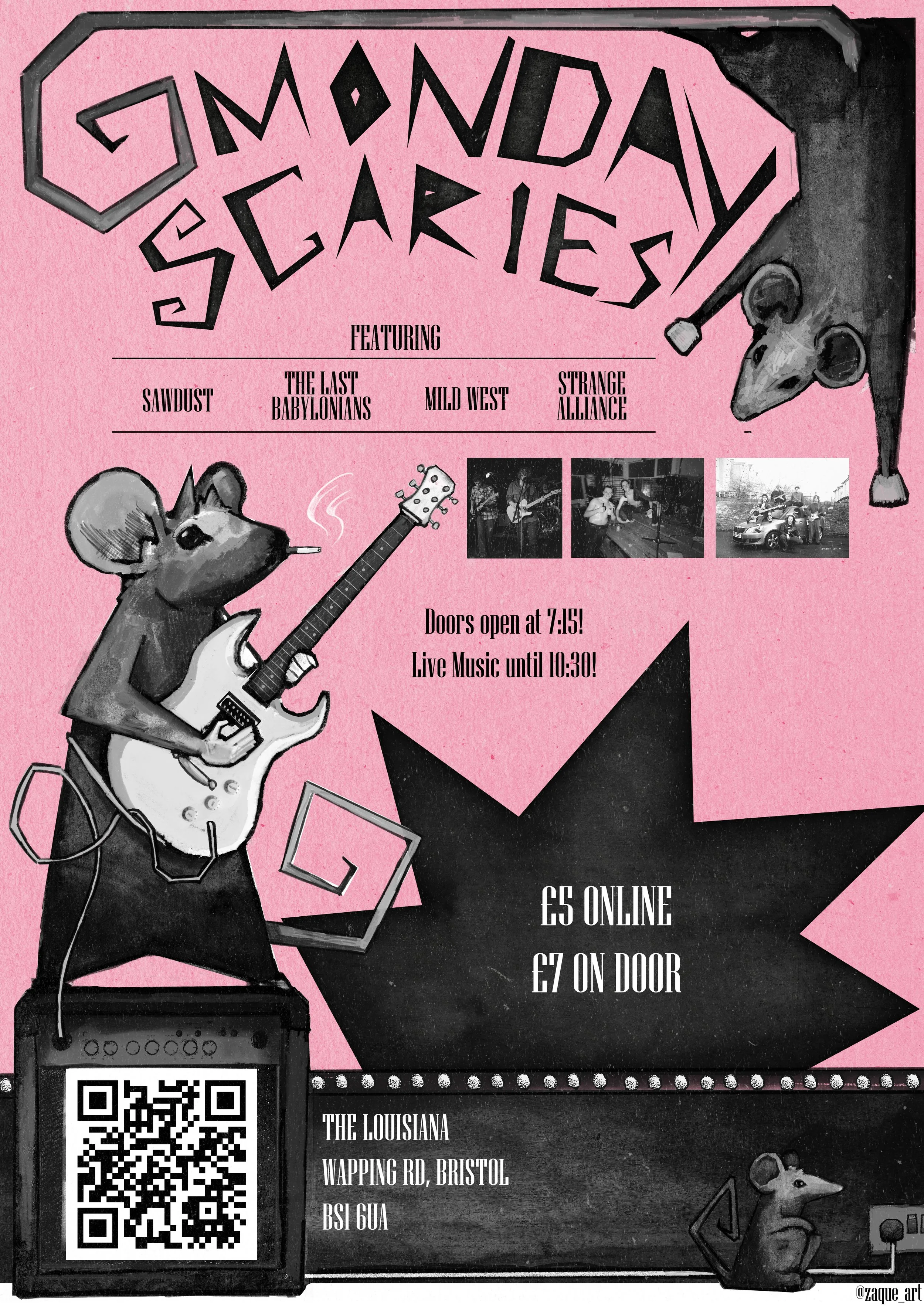 Commissioned by a few local bands to create a poster advertising their "Monday scaries" gig at The Louisiana, a well known venue in Bristol. 