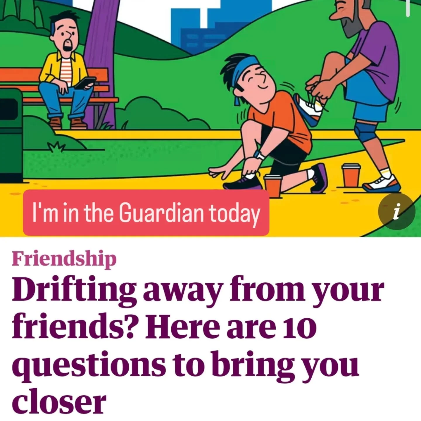 Read it here: https://www.theguardian.com/lifeandstyle/2025/may/27/drifting-away-from-your-friends-here-are-10-questions-to-bring-you-closer