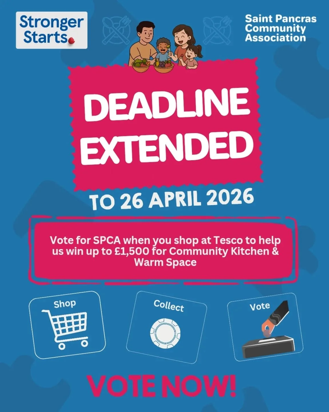 There's still time!⏳
The Team at Stronger Starts has extended the deadline for voting in Tesco stores. This means, you can STILL vote for SPCA when you do your Tesco shopping and help us win funds that will go towards supporting Community Kitchen &am