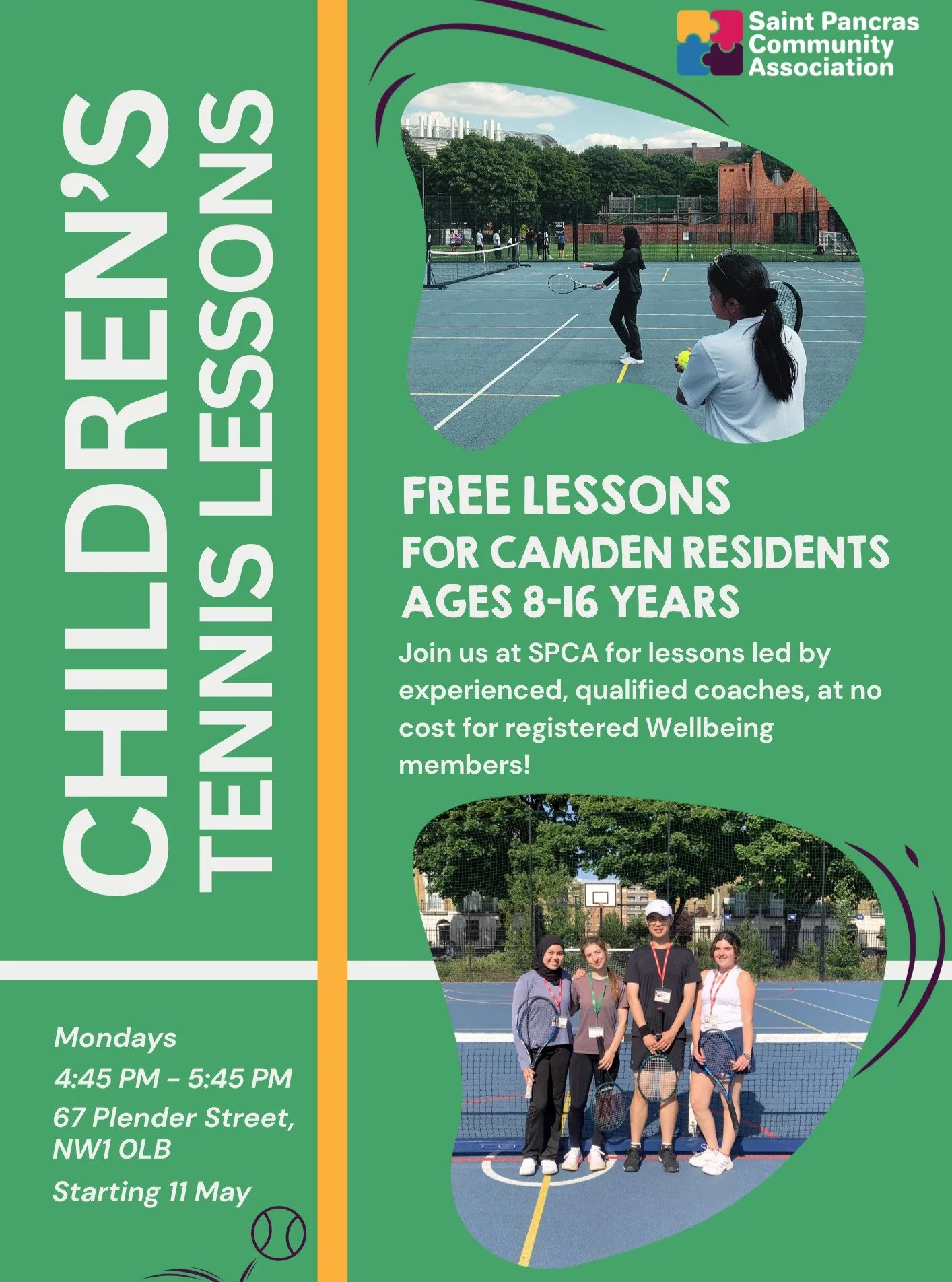 Free tennis lessons are coming to Camden!🎾

This spring, SPCA is offering tennis lessons to all Camden residents aged 8 to 16 years. Classes are beginner-friendly, and led by an experienced group of volunteers from UCL. Equipment can be provided for