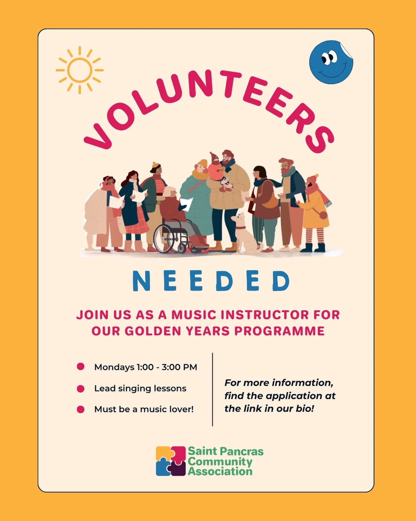 Calling music lovers!🎶
 
We&rsquo;re looking for a new volunteer music group lead for our Golden Years music group.
 
The volunteer needs to be available Mondays 1:00 - 3:00 PM to lead sessions weekly.
 
Come and be part of a warm group of music lov