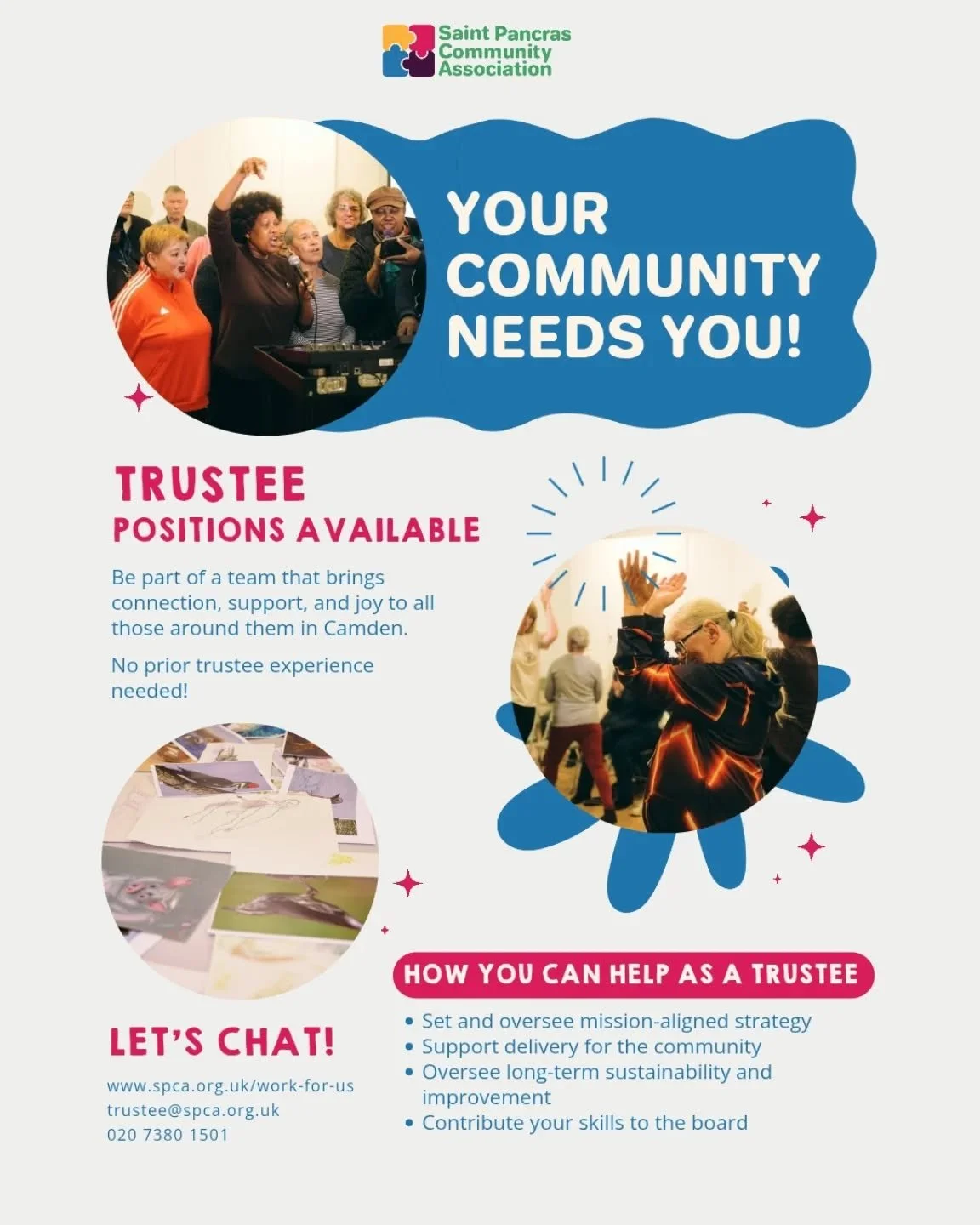We're looking for new Trustees to join St Pancras Community Association (SPCA)🤗
As we develop our new strategy and plan for the future, now is a fantastic time to get involved and help shape the next chapter of SPCA.
We're looking for people who car