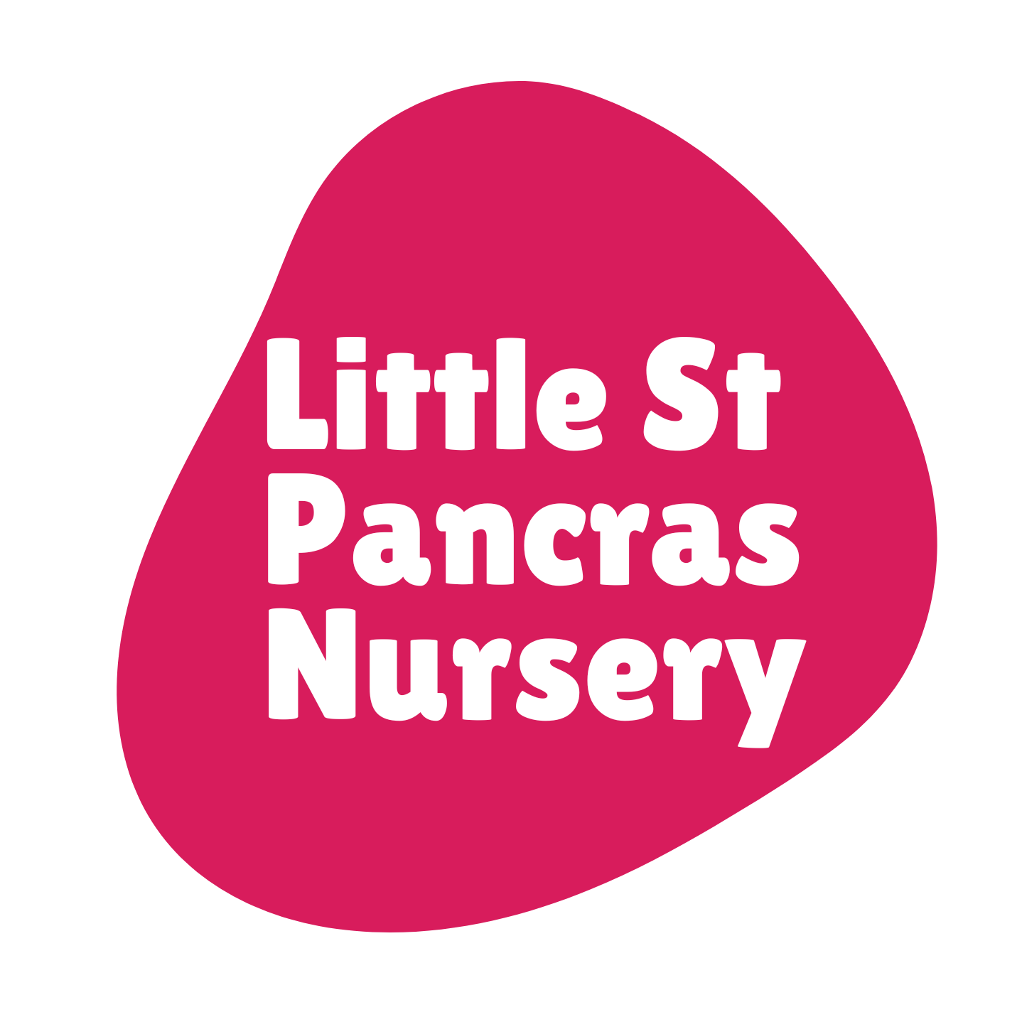 Pink teardrop-shaped logo with white text that reads 'Little St Pancras Nursery'.