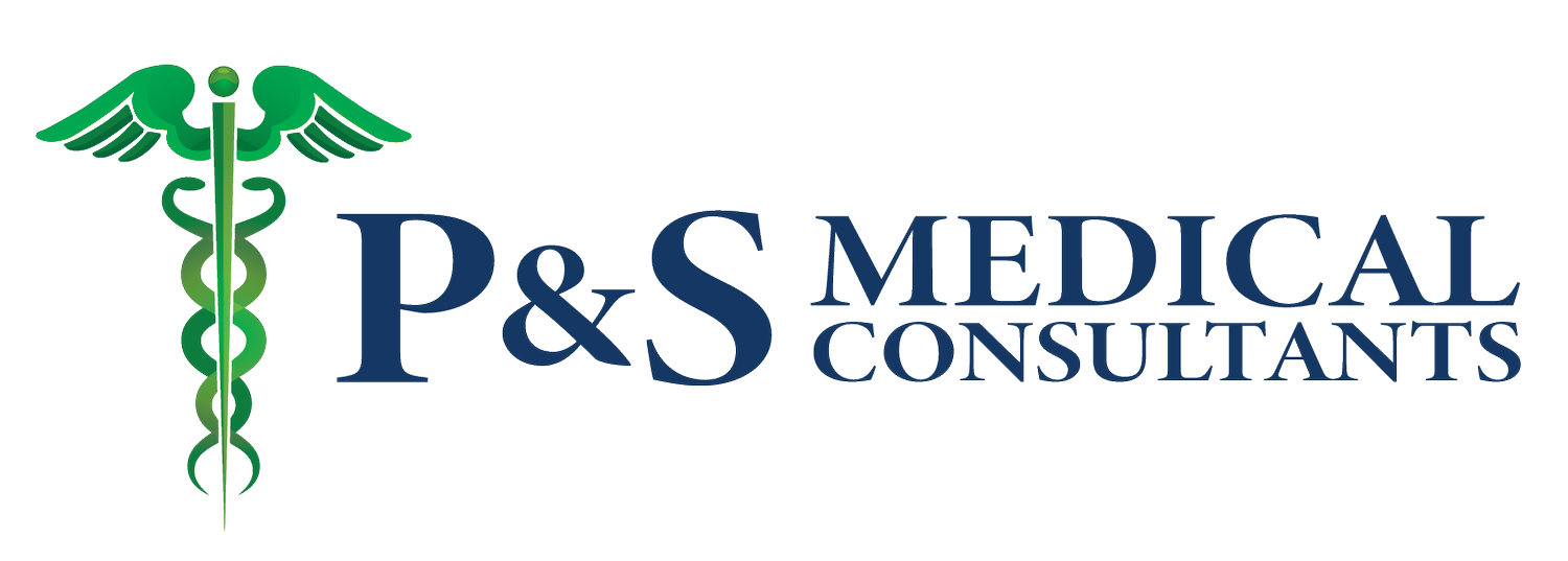Logo for P&S Medical Consultants with a green caduceus symbol on the left and the company name in navy blue text.