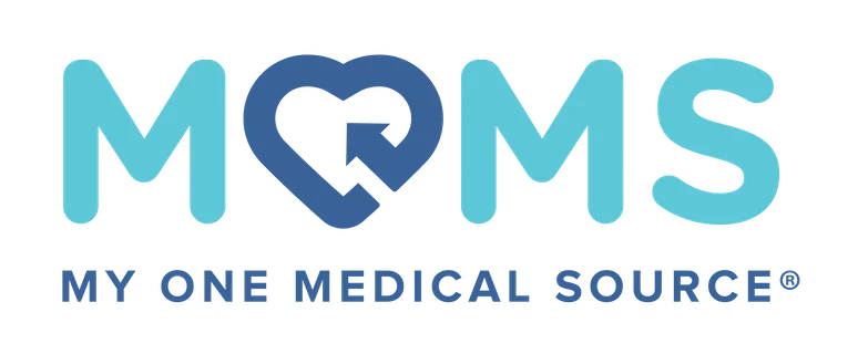 Logo of Moms, a medical resource platform, featuring the word 'MOMS' with a stylized heart in the letter 'O,' and the tagline 'My One Medical Source.'