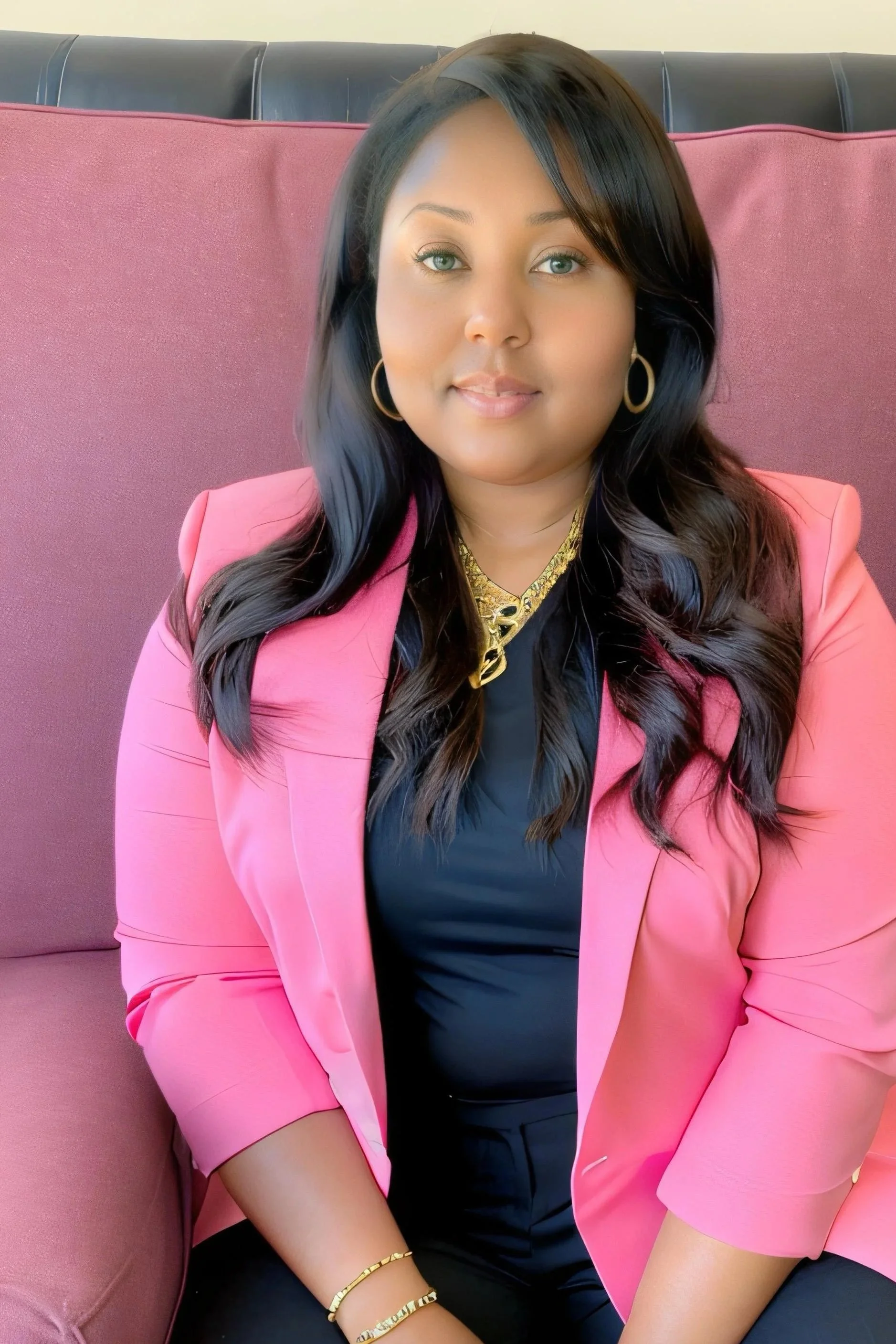 Close-up of a woman with long dark hair, light-colored eyes, wearing gold hoop earrings, a pink blazer, a gold necklace, and black top. She is sitting on a pink upholstered chair.