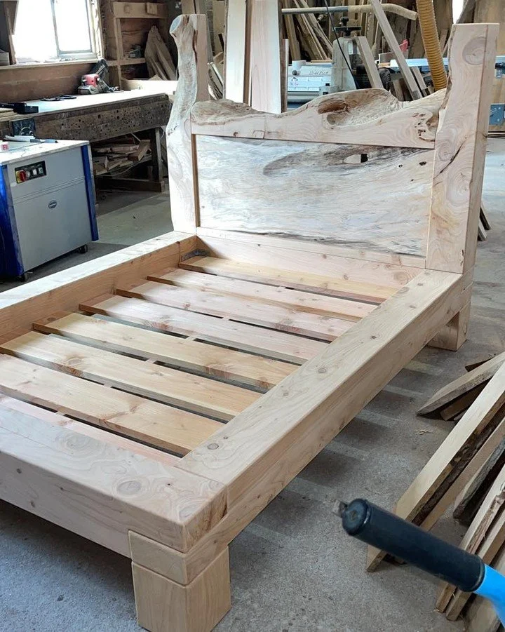 Chunky rustic bed put together in our workshop in 4 days from scratch&hellip; Monterey cypress wood ( macrocarpa) locally grown and sourced from a local tree surgeon! &mdash; at Little Silver Wood