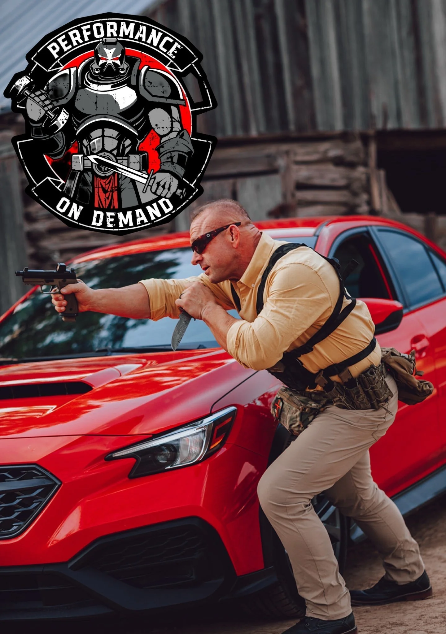 A man in tactical gear taking cover behind a red car, aiming a handgun, with a performance ON DEMAND badge featuring a stylized armored warrior with a sword in the upper left corner.