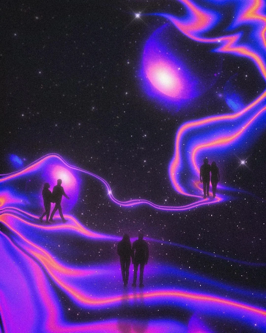Silhouettes of people connected by flowing purple and orange energy streams against starry night sky