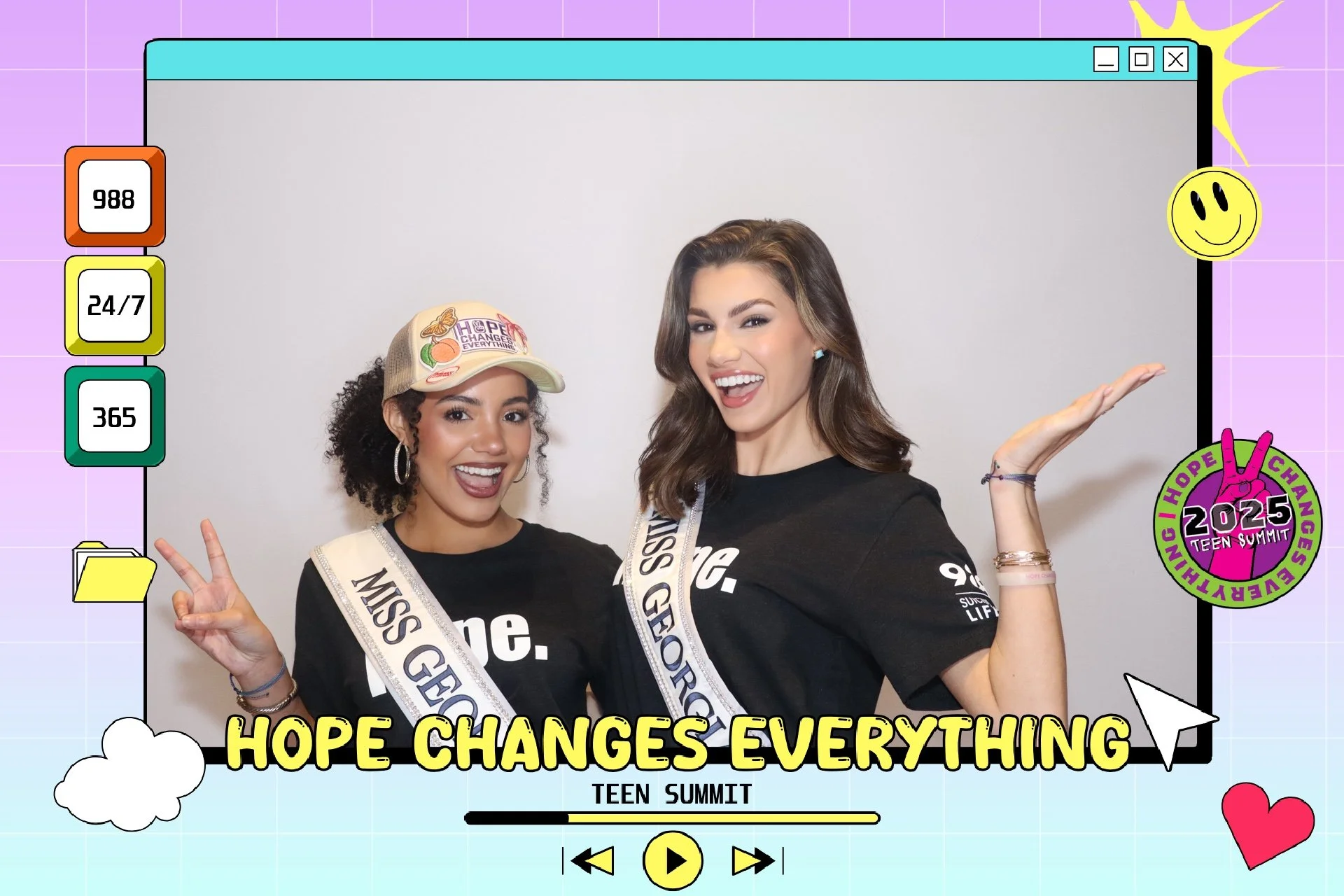 Two smiling women wearing black t-shirts and white sashes that read 'Miss Georgia' and 'Miss Georgia Teen' stand in front of a white background. They are posing with peace signs and one has her arm raised. The image is framed with colorful graphic el