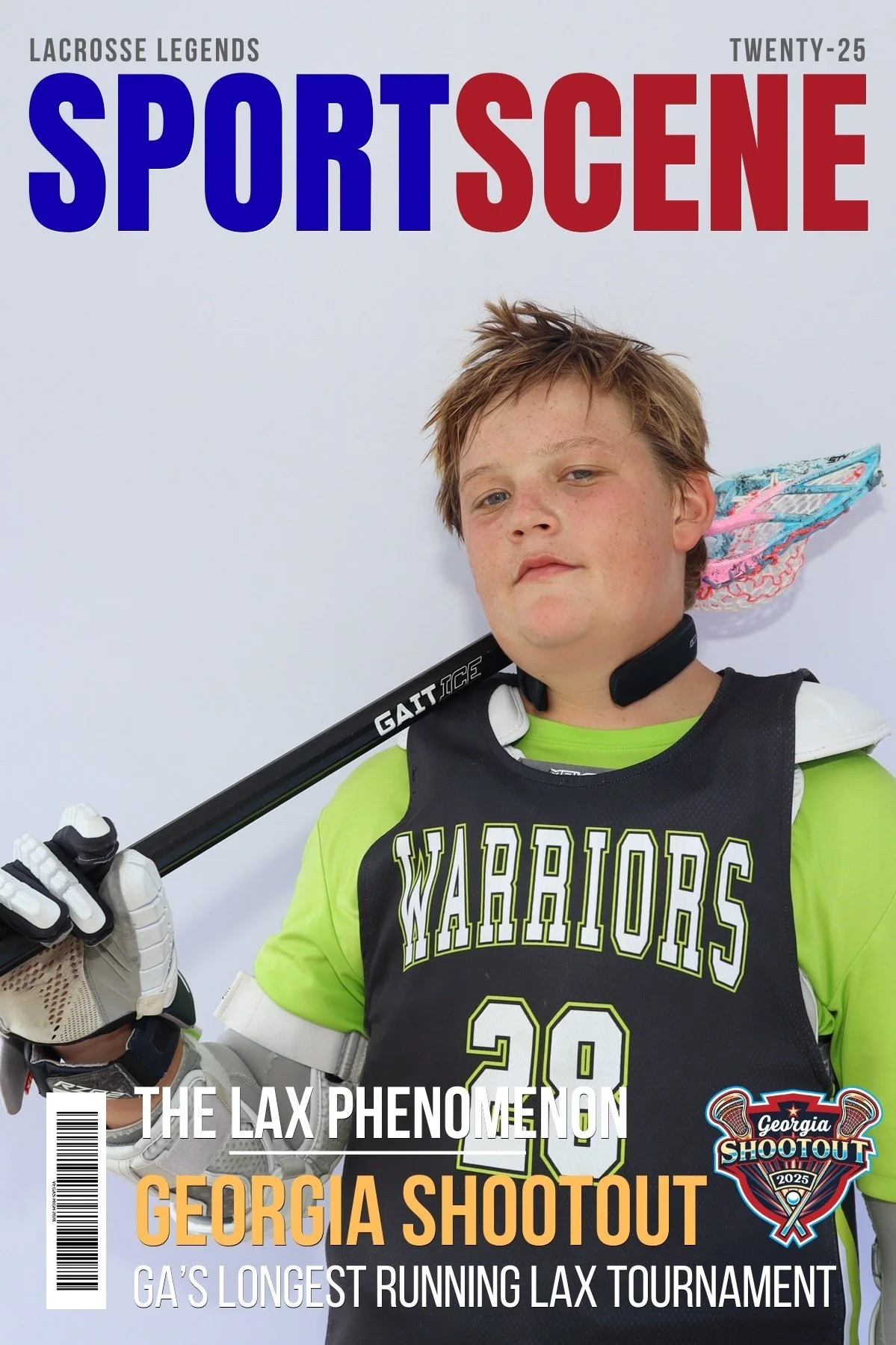 Magazine cover featuring a young lacrosse player in gear, holding a lacrosse stick, with text highlighting Georgia Shootout lacrosse tournament and the Lax Phenomenon.